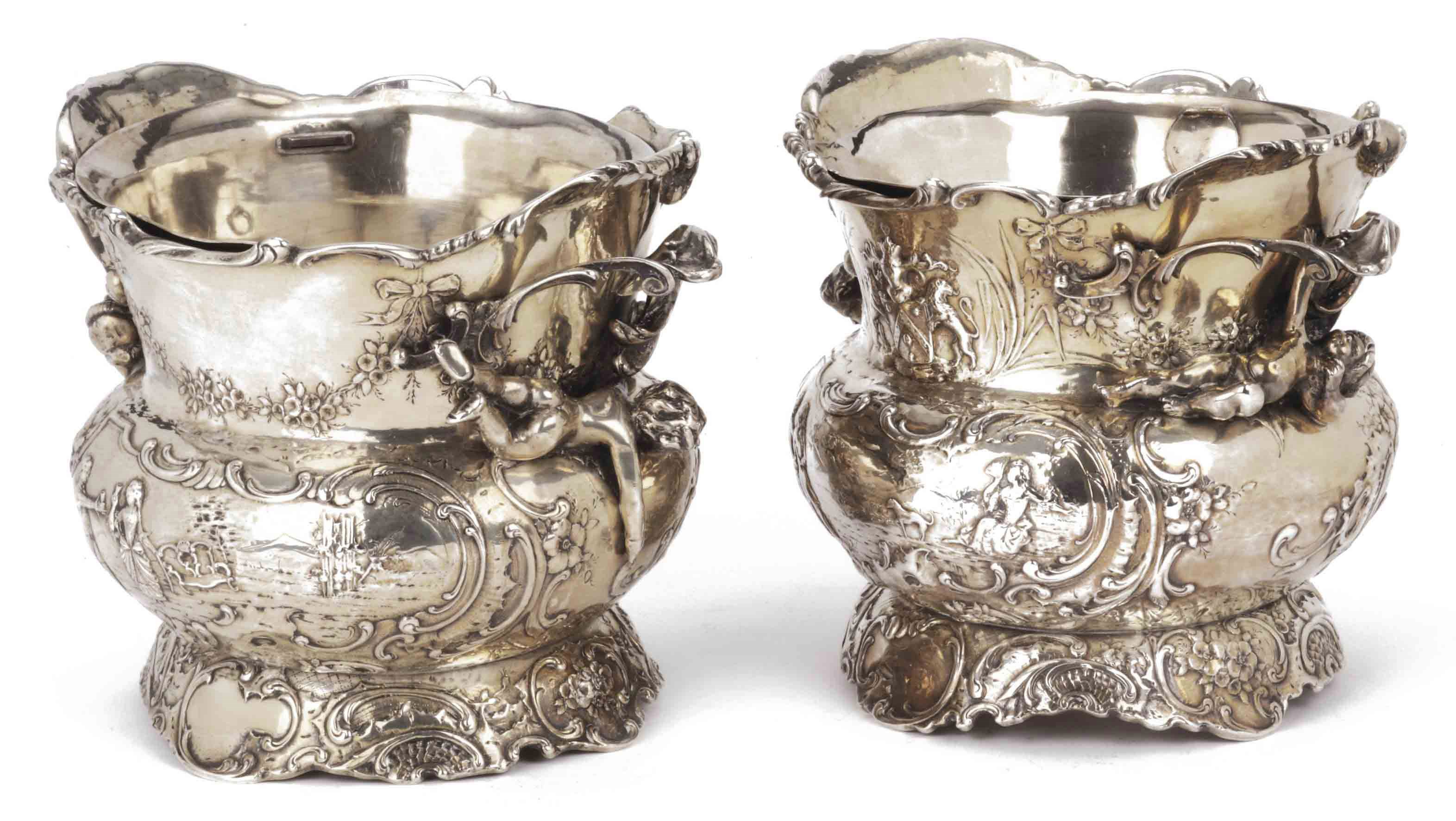A pair of German silver wine-coolers and plated liners