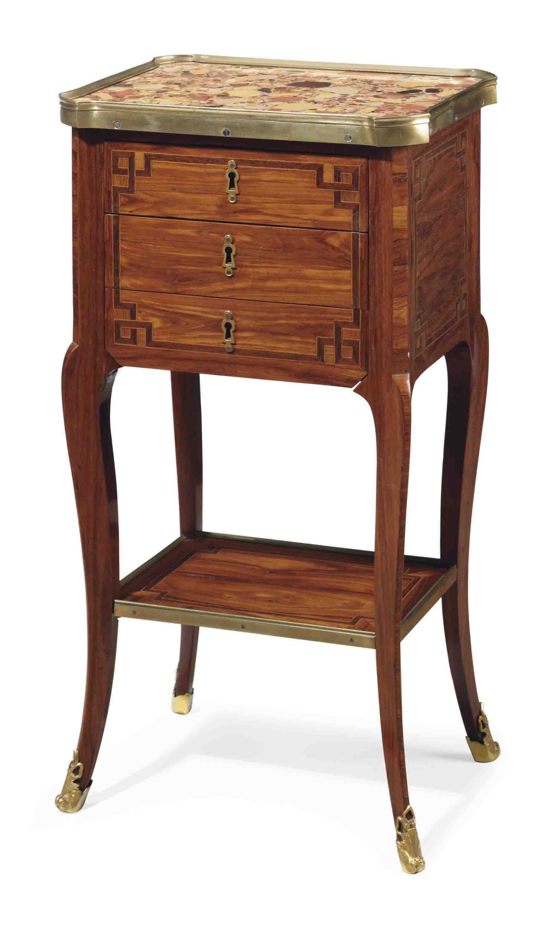A LATE LOUIS XV ORMOLU-MOUNTED TULIPWOOD, AMARANTH AND PARQUETRY TABLE EN CHIFFONIERE
