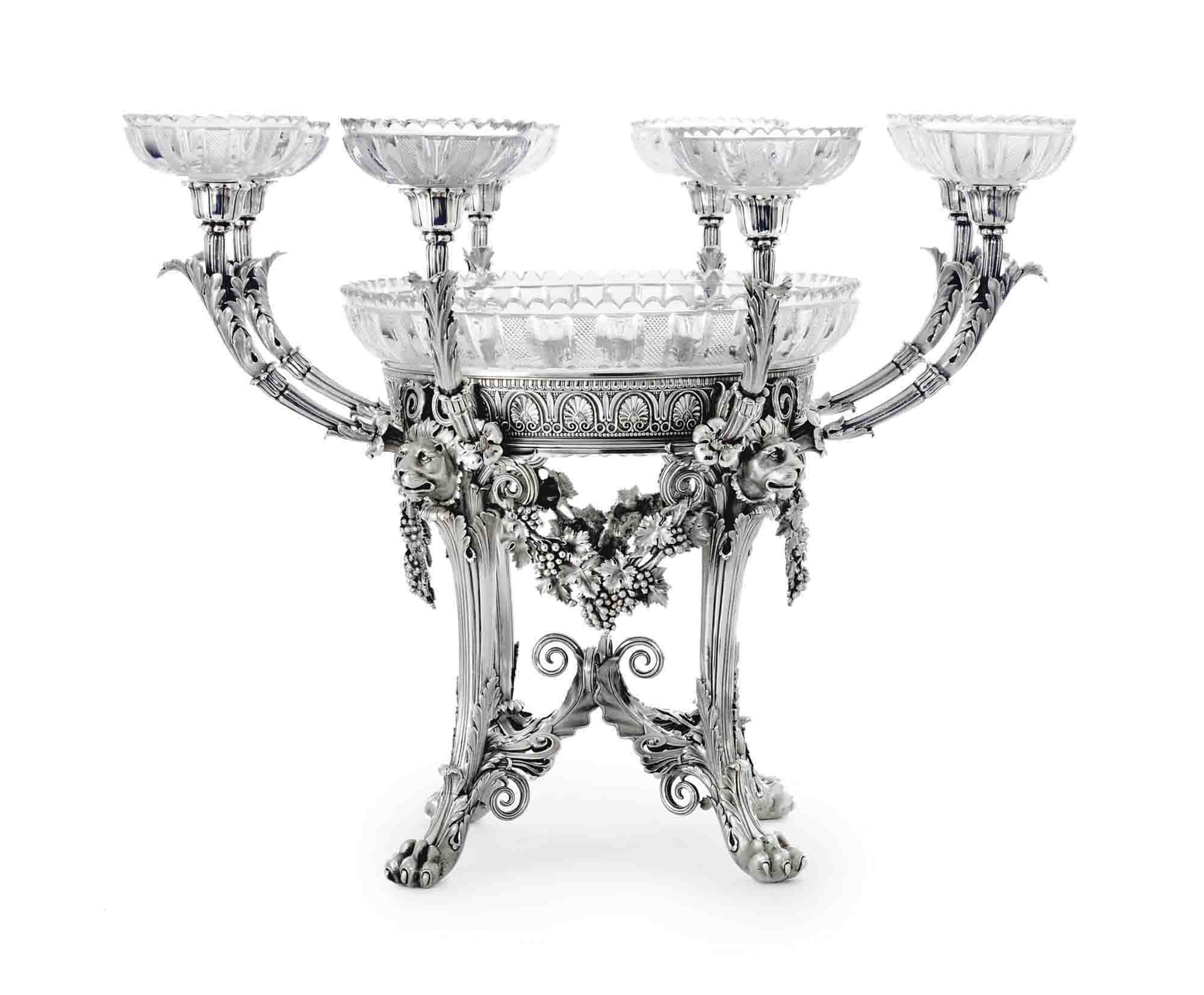 A FINE GEORGE IV SILVER AND CUT-GLASS EPERGNE