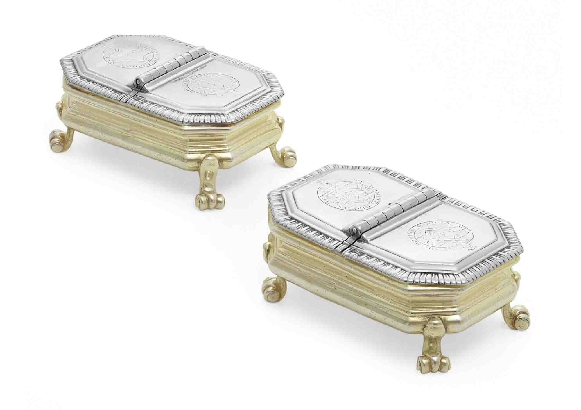 A PAIR OF GEORGE II SILVER-GILT DOUBLE SPICE BOXES