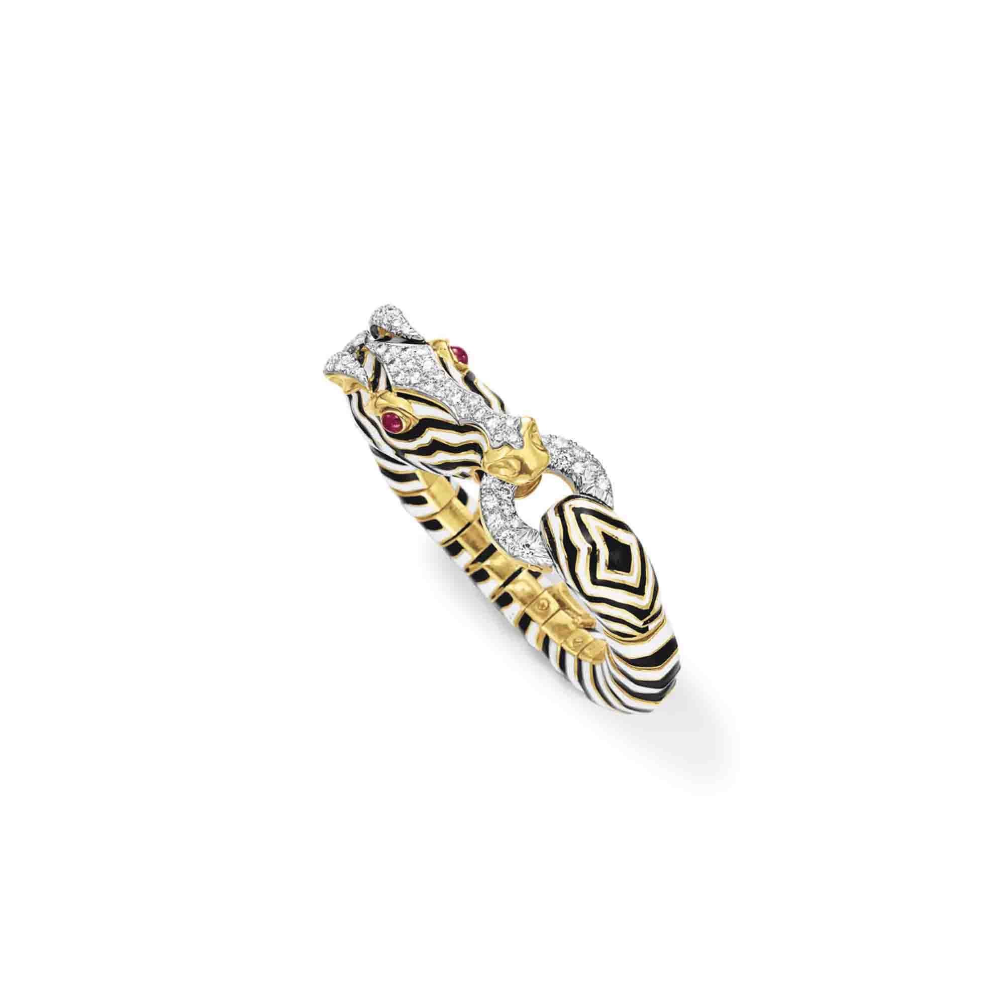 AN ENAMEL, DIAMOND AND RUBY BANGLE BRACELET, BY DAVID WEBB