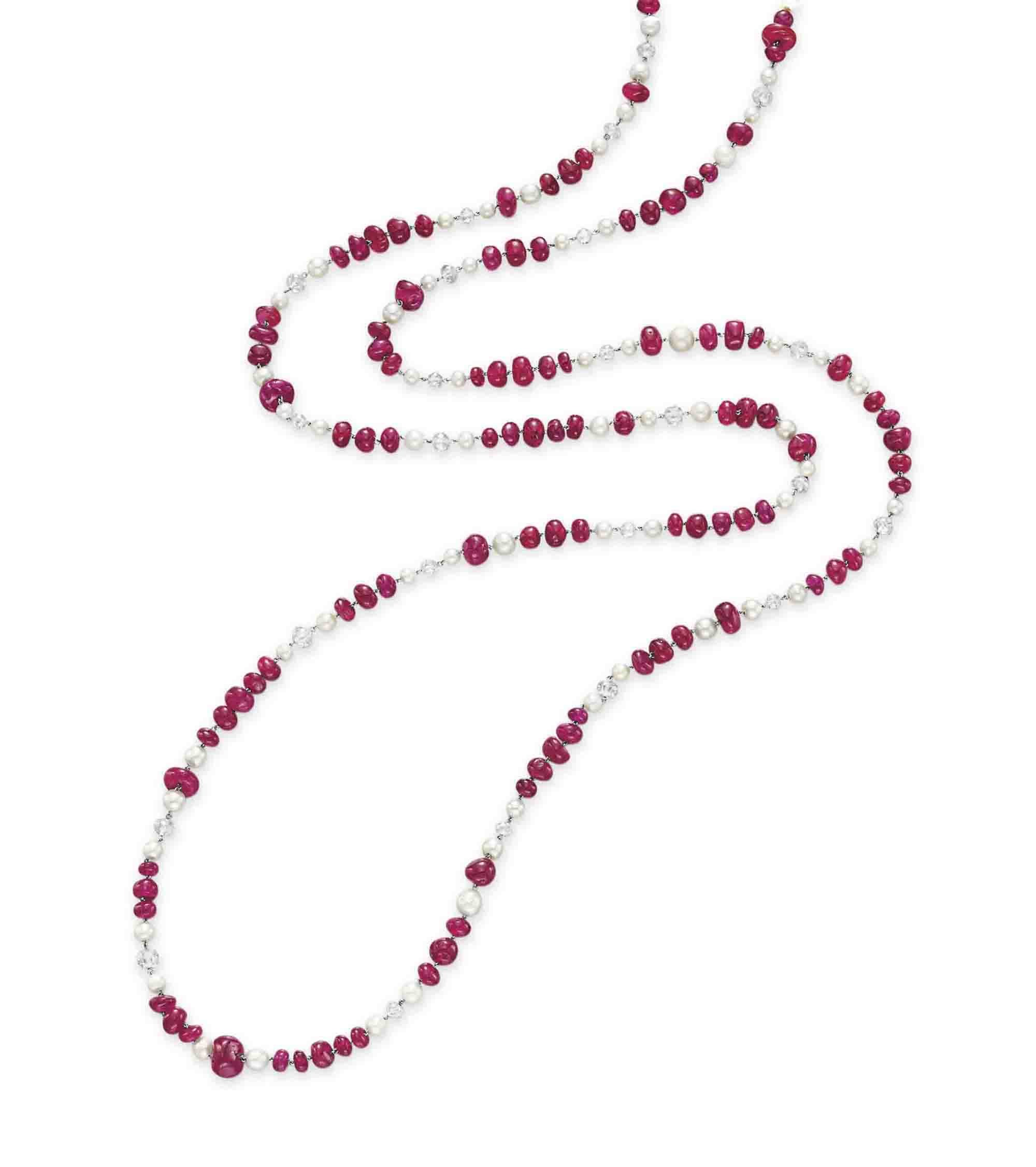 A RUBY, PEARL AND DIAMOND NECKLACE