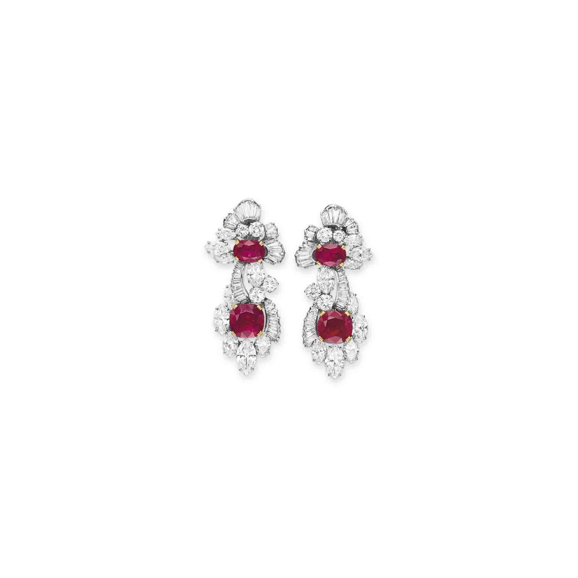 A PAIR OF RUBY AND DIAMOND EAR PENDANTS, BY BVLGARI