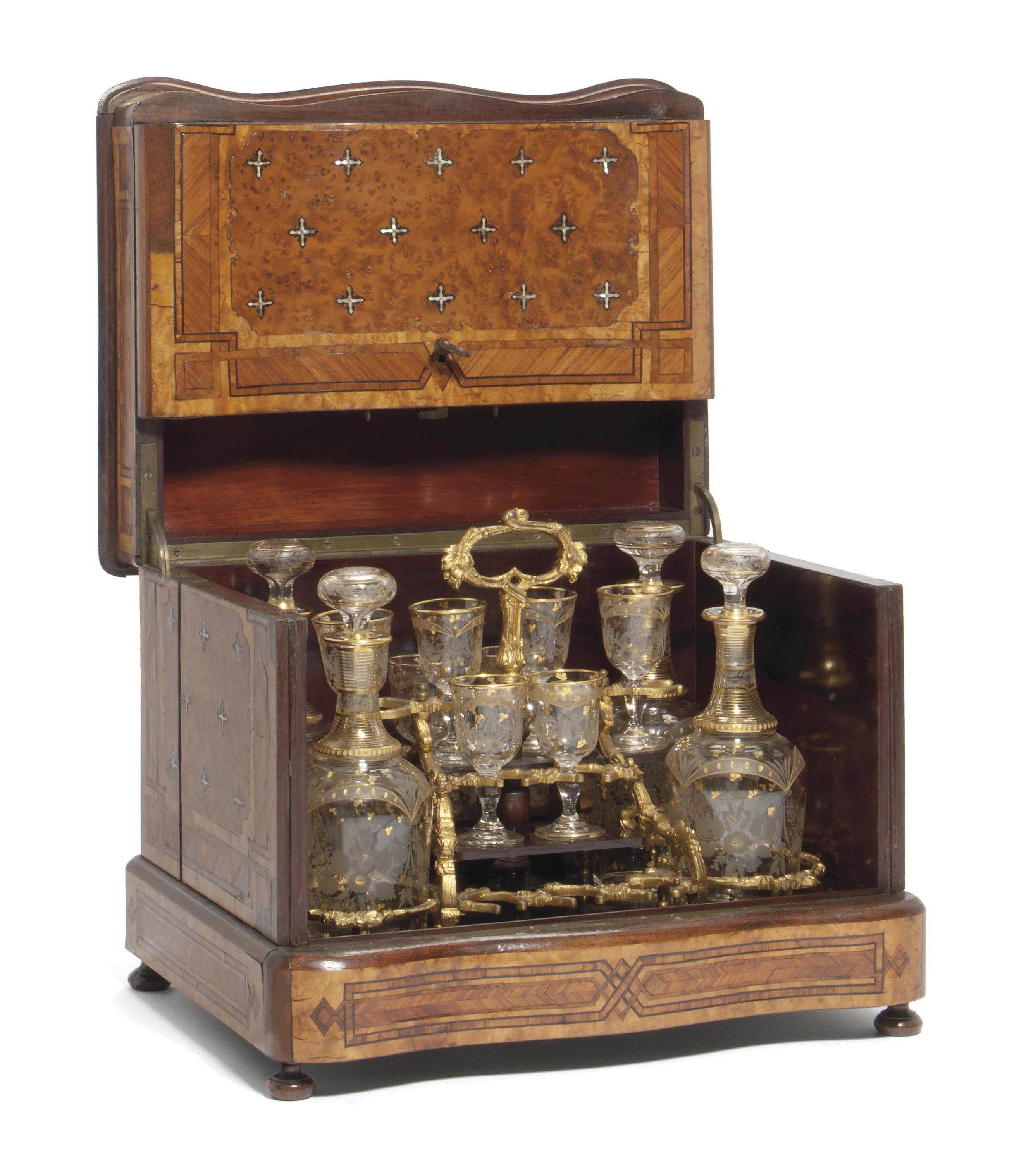 A FRENCH MOTHER-OF-PEARL INLAID THUYA AND MARQUETRY LIQUEUR CABINET
