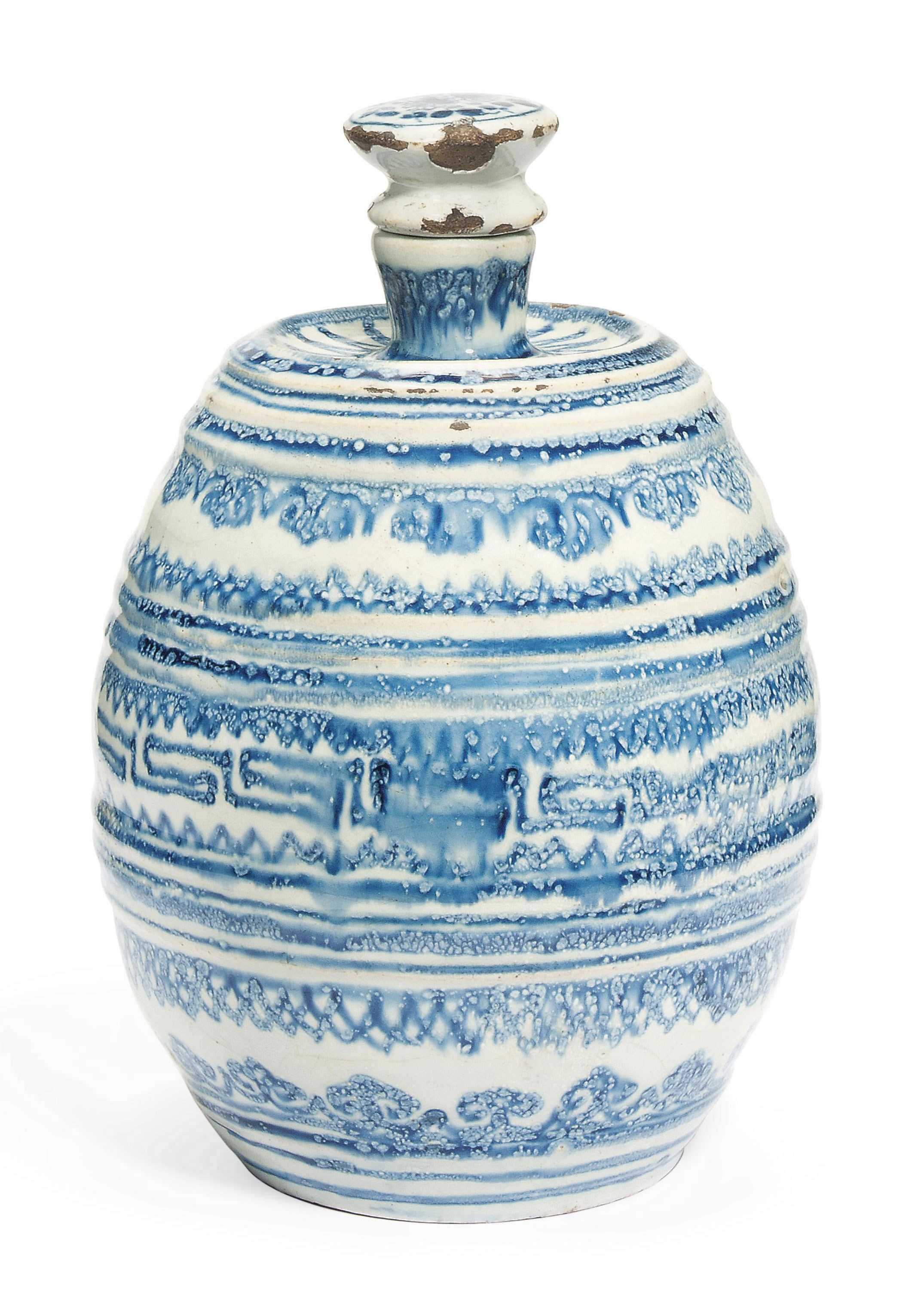 A BRITISH ISLES DELFTWARE BLUE AND WHITE BARREL-SHAPED FLASK AND A STOPPER
