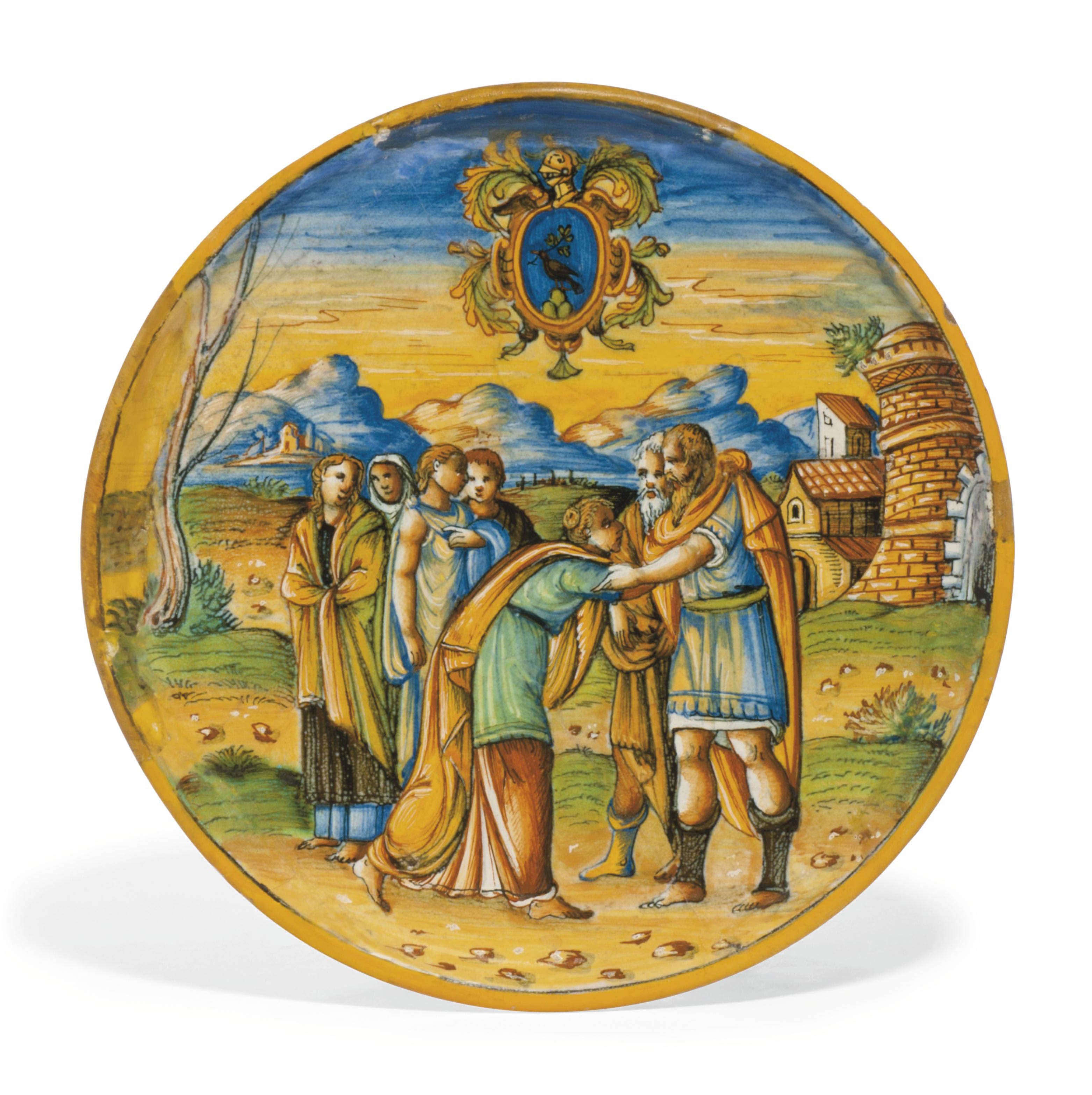 AN URBINO MAIOLICA ARMORIAL LOW FOOTED DISH (ALZATA