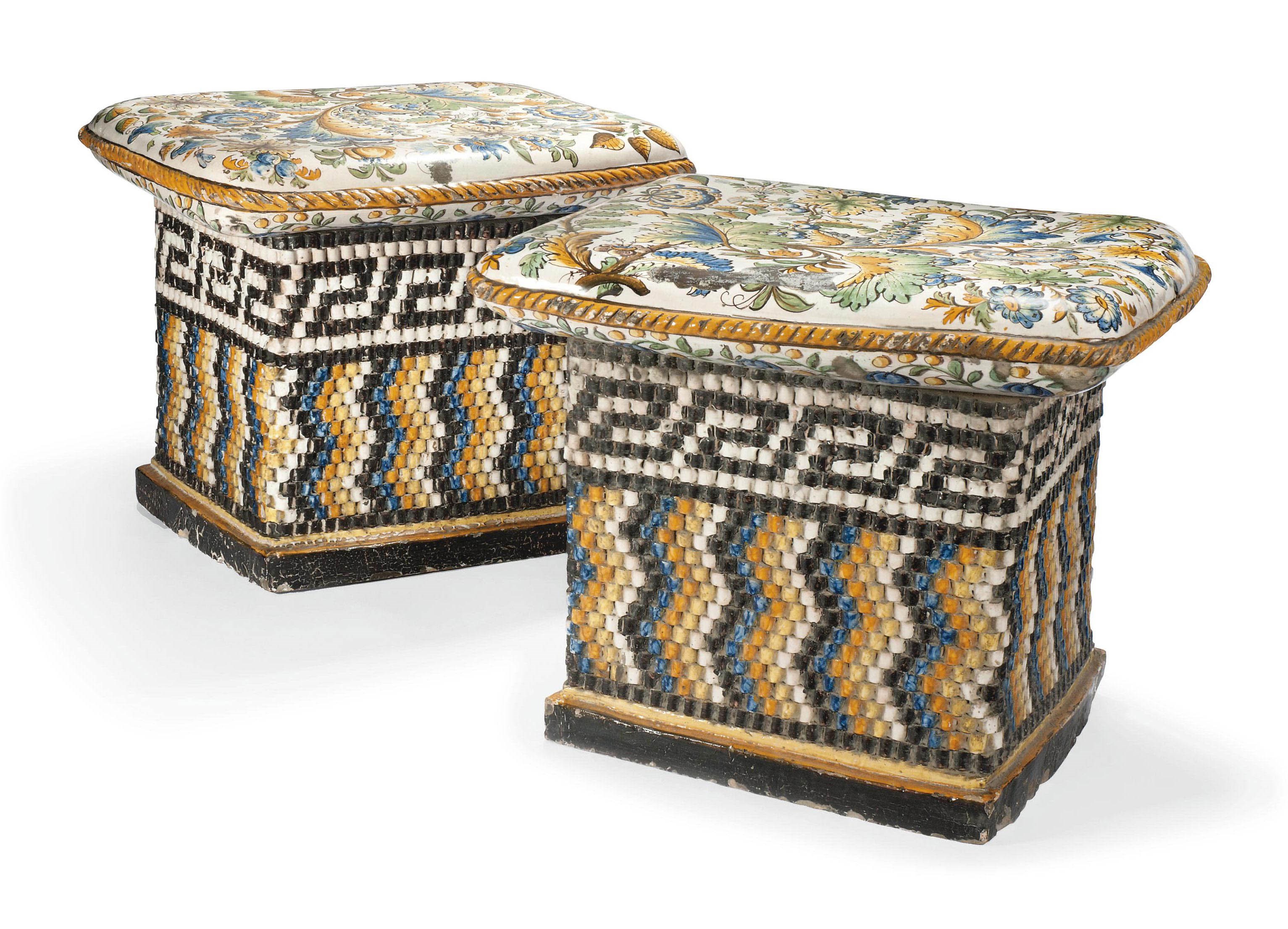 A PAIR OF ITALIAN MAIOLICA GARDEN SEATS