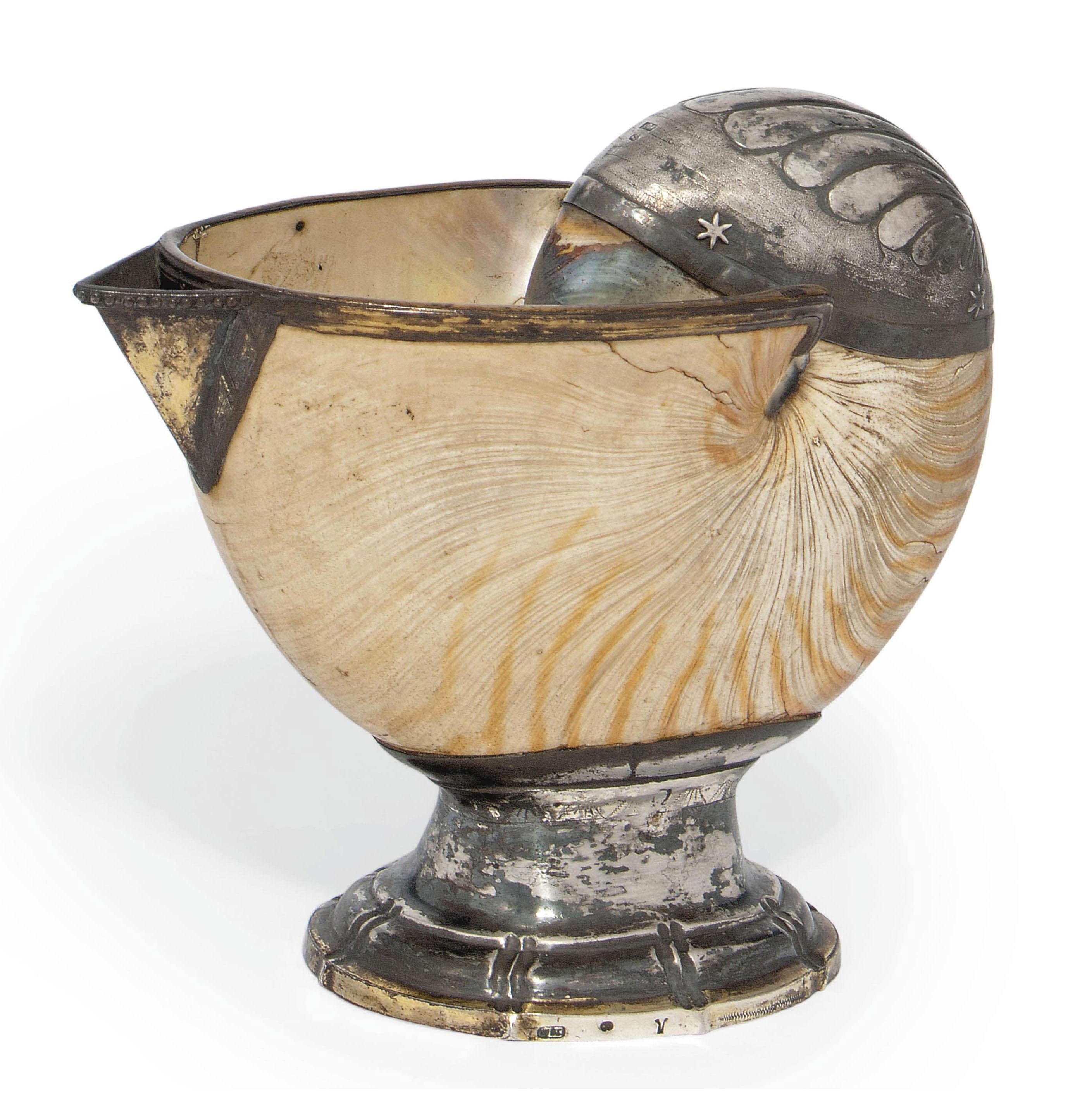 A SILVER-MOUNTED NAUTILUS SHELL JUG