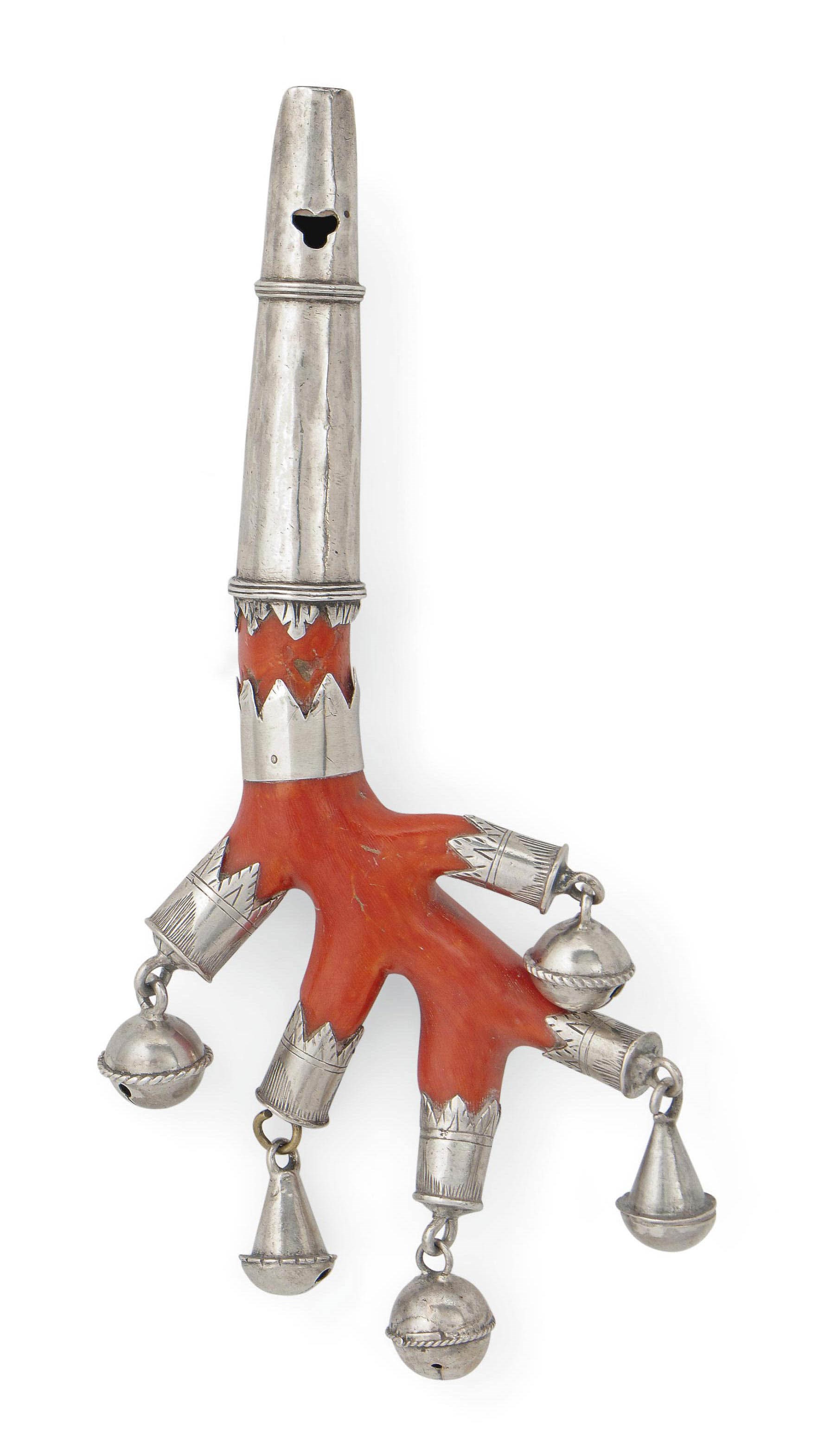 A SILVER AND CORAL RATTLE AND WHISTLE
