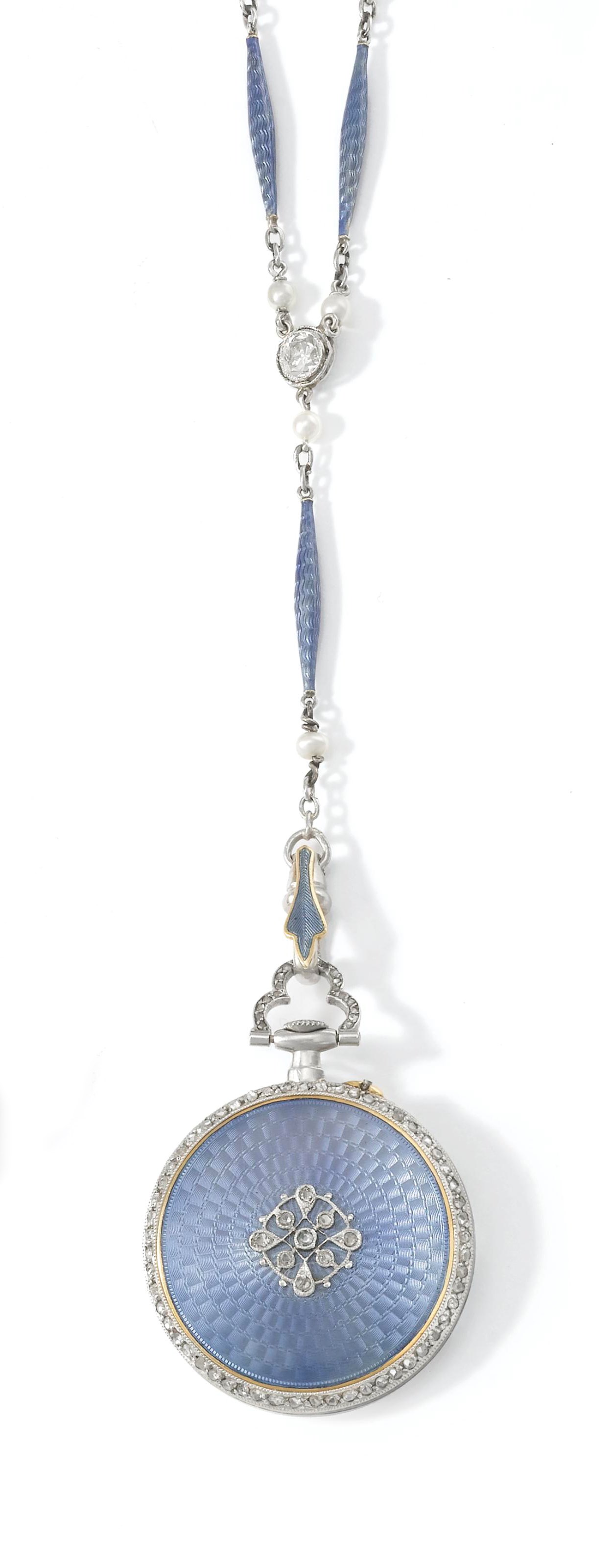 Henry Capt. A small and attractive 18K white and yellow gold and diamond-set keyless lever pendant watch with matching chain