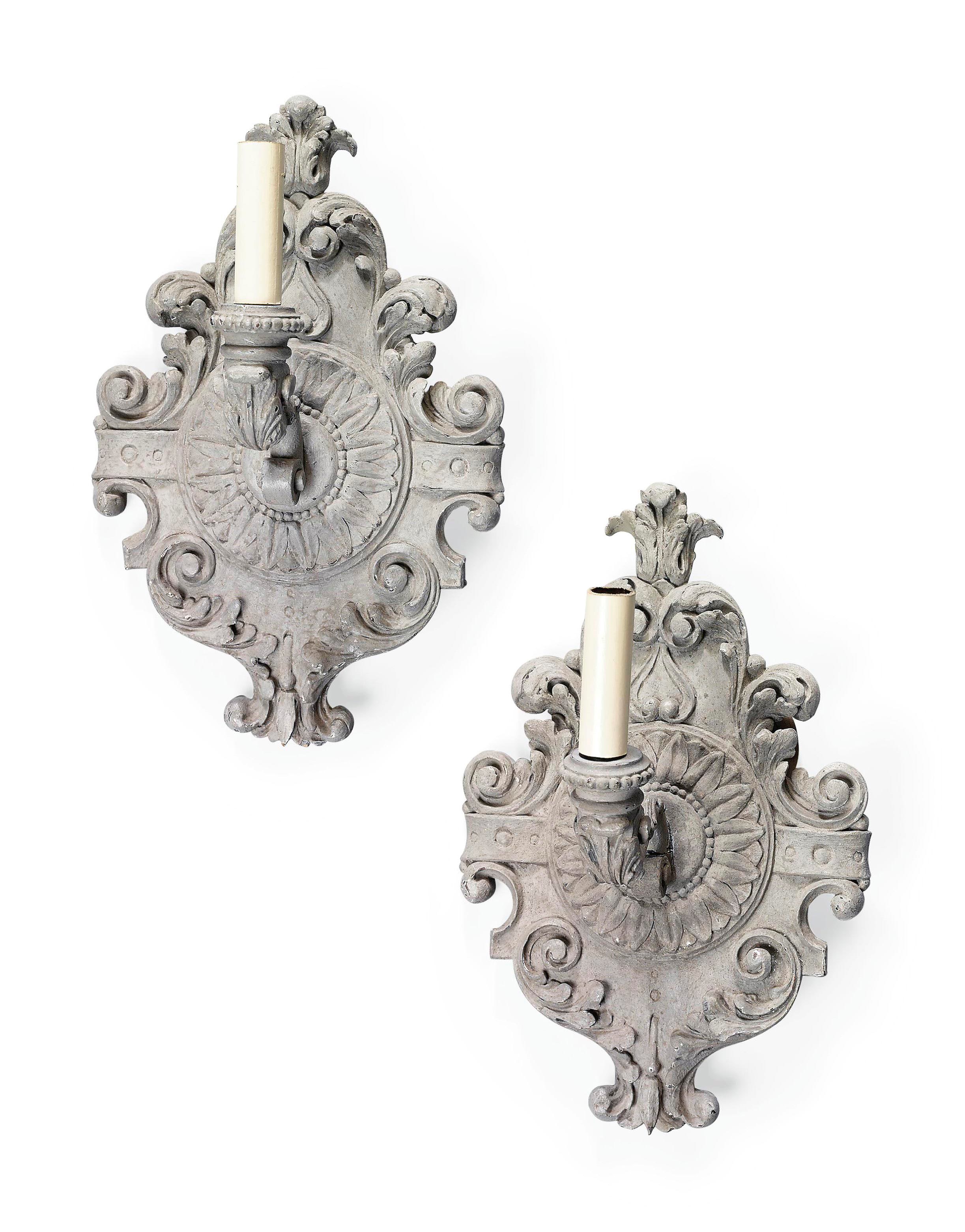 A PAIR OF ITALIAN GREY-PAINTED APPLIQUES