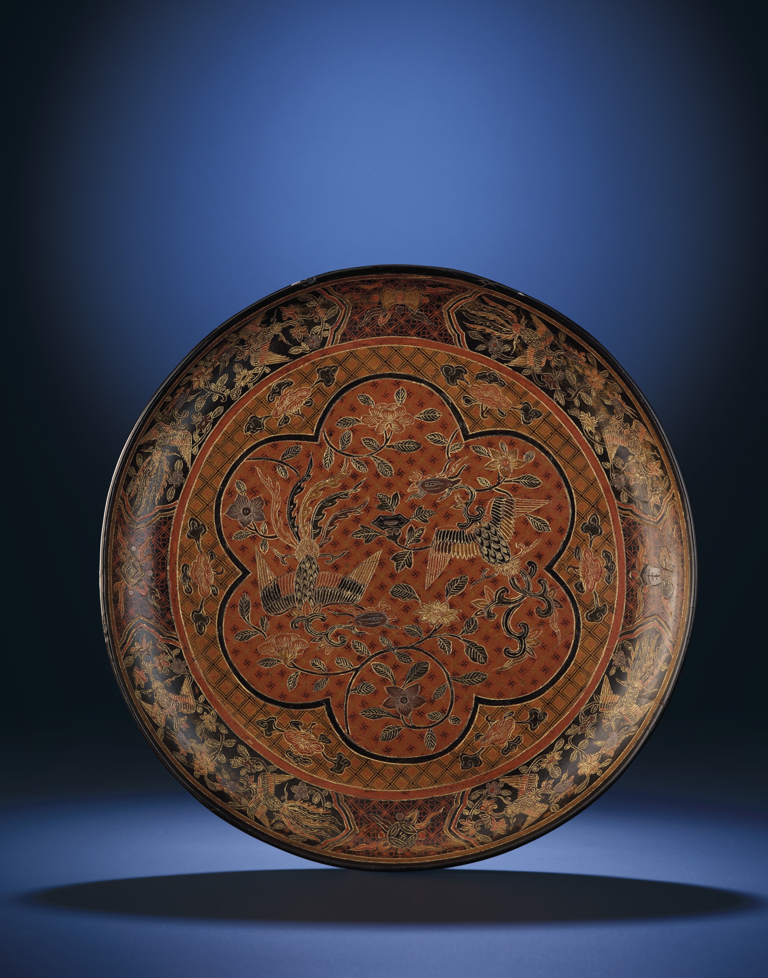 AN EXTREMELY RARE LARGE IMPERIAL MING QIANGJIN AND TIANQI 'PHOENIX' DISH