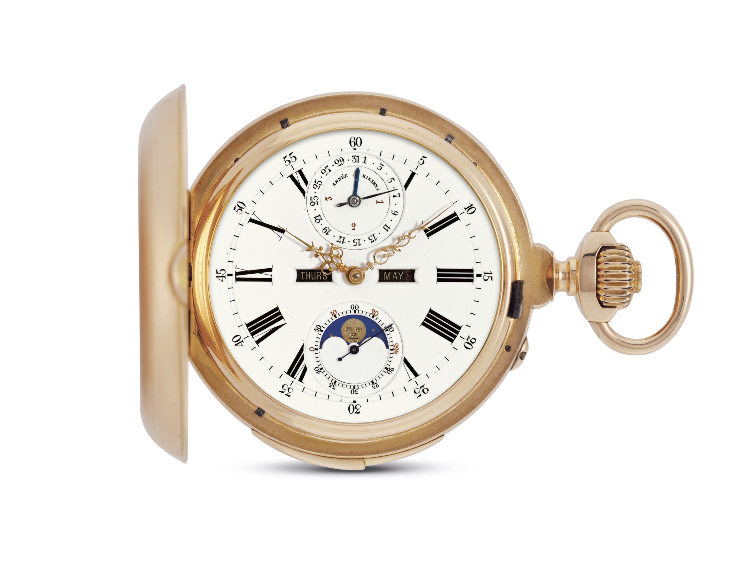 SWISS. A 18K GOLD HUNTER CASE QUARTER REPEATING PERPETUAL CALENDAR KEYLESS LEVER WATCH WITH MOON PHASES AND LEAP YEAR INDICATION