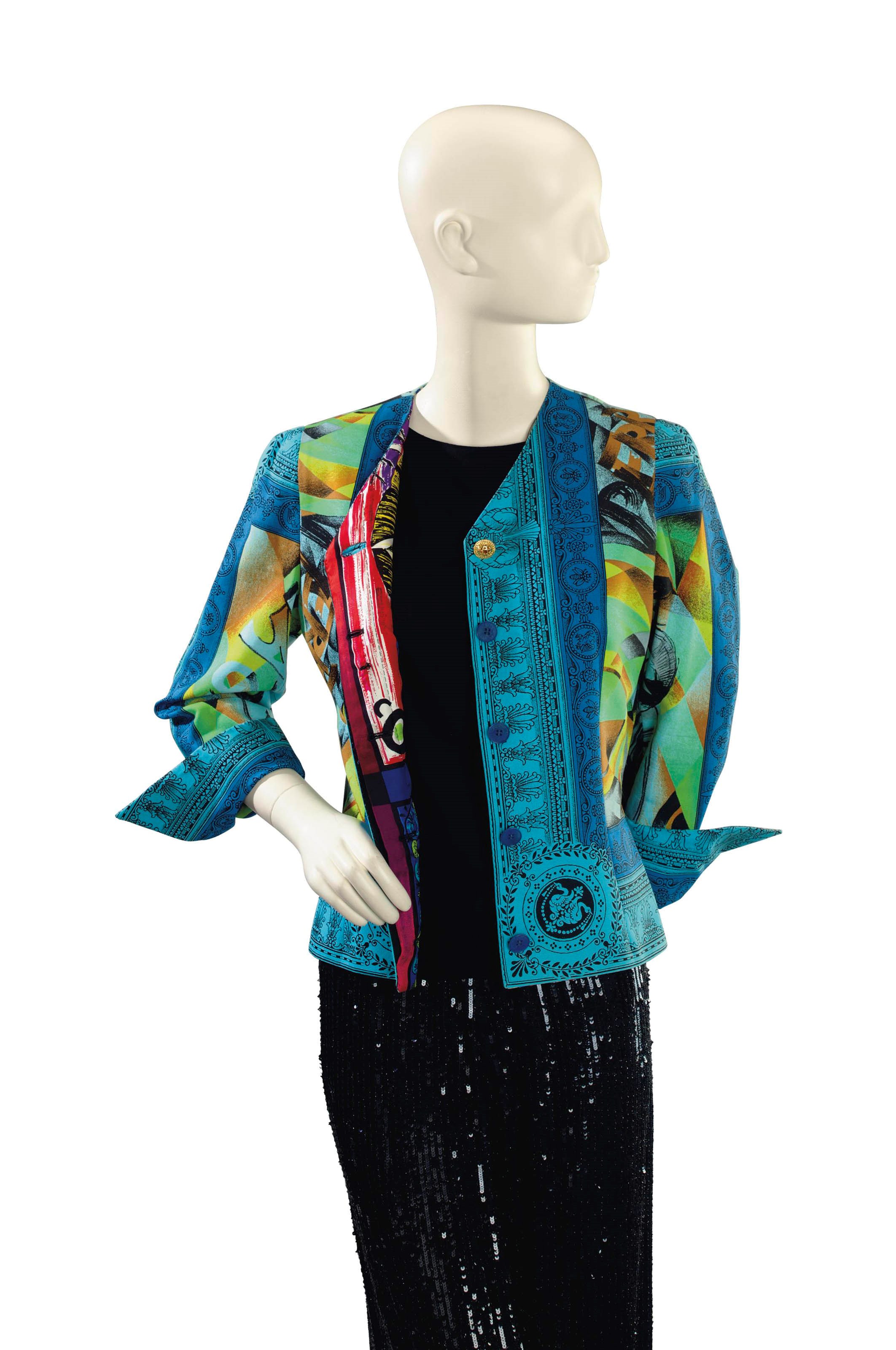 A VERSACE BLUE, GREEN AND ORANGE SATEEN PRINT JACKET