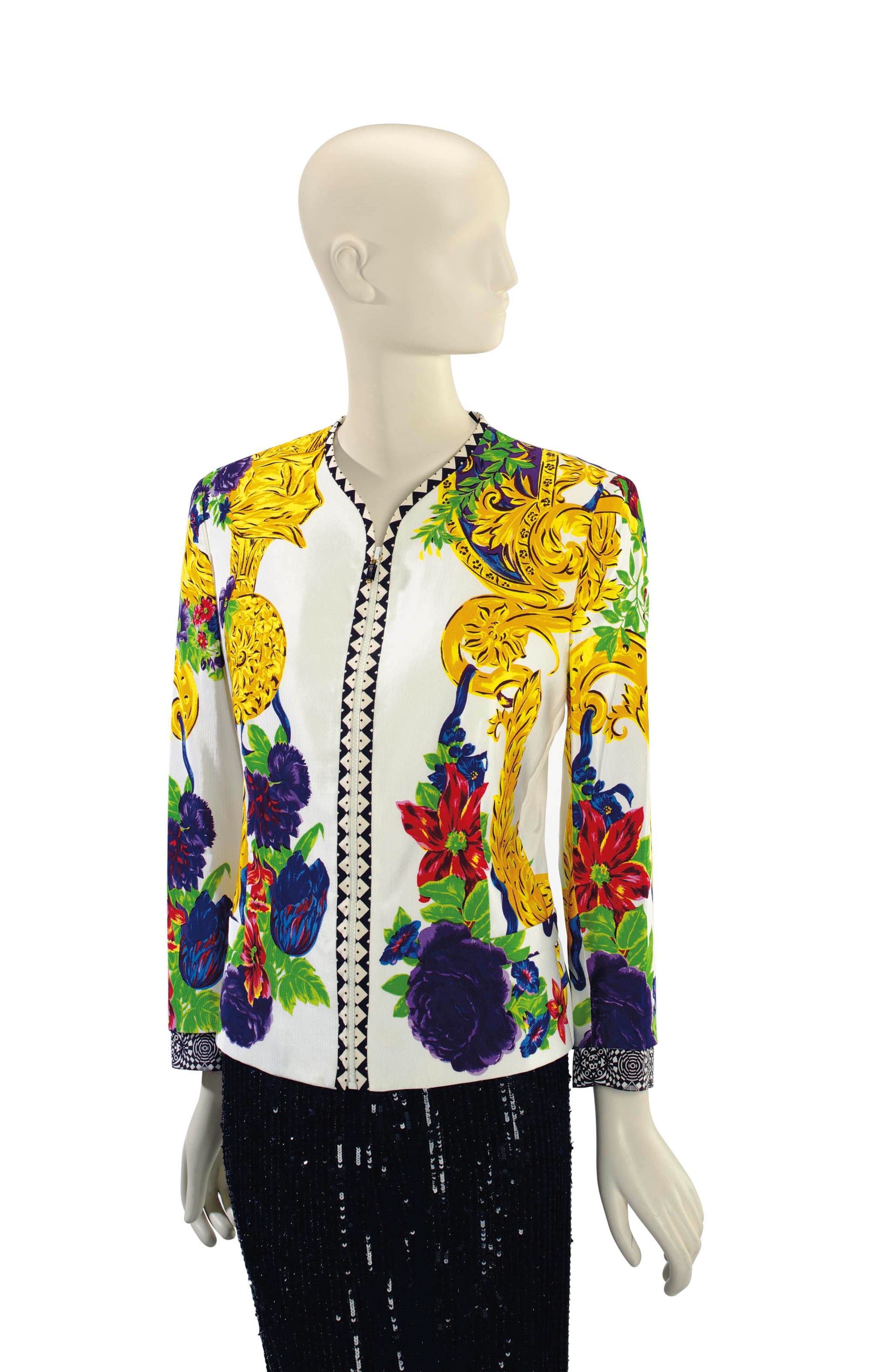 A VERSACE WHITE AND FLORAL PRINT SILK JACKET
