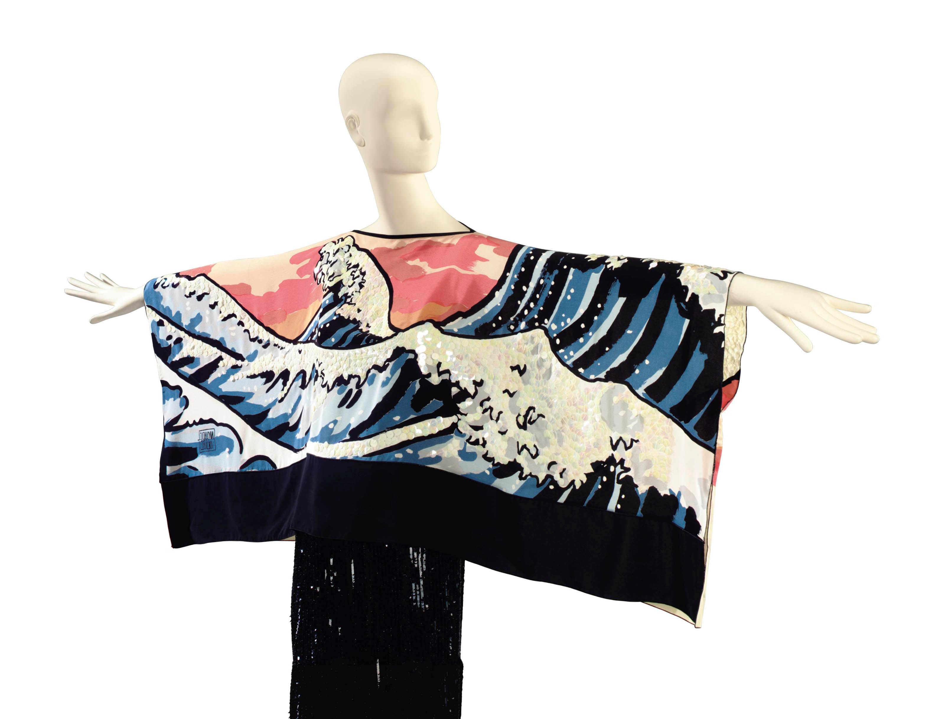 A MICHAEL VOLLBRACHT PEACH GROUND MULTI-COLOR DYED SILK AND SEQUINNED SHORT BLOUSE