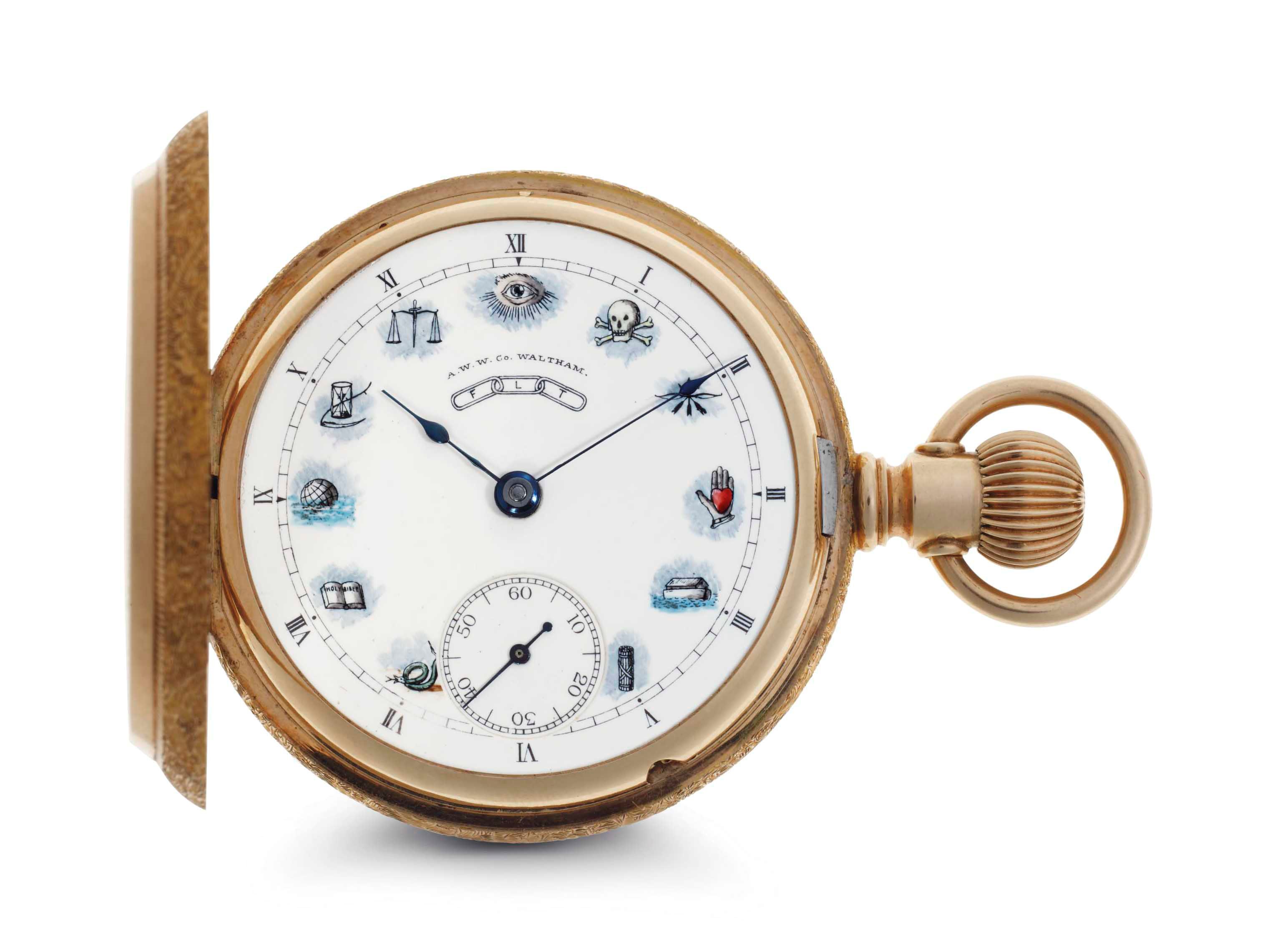 American Waltham Watch. A Fine And Rare 14 Gold Hunter Case Keyless Lever Masonic Pocket Watch With Enamel Odd Fellows Dial