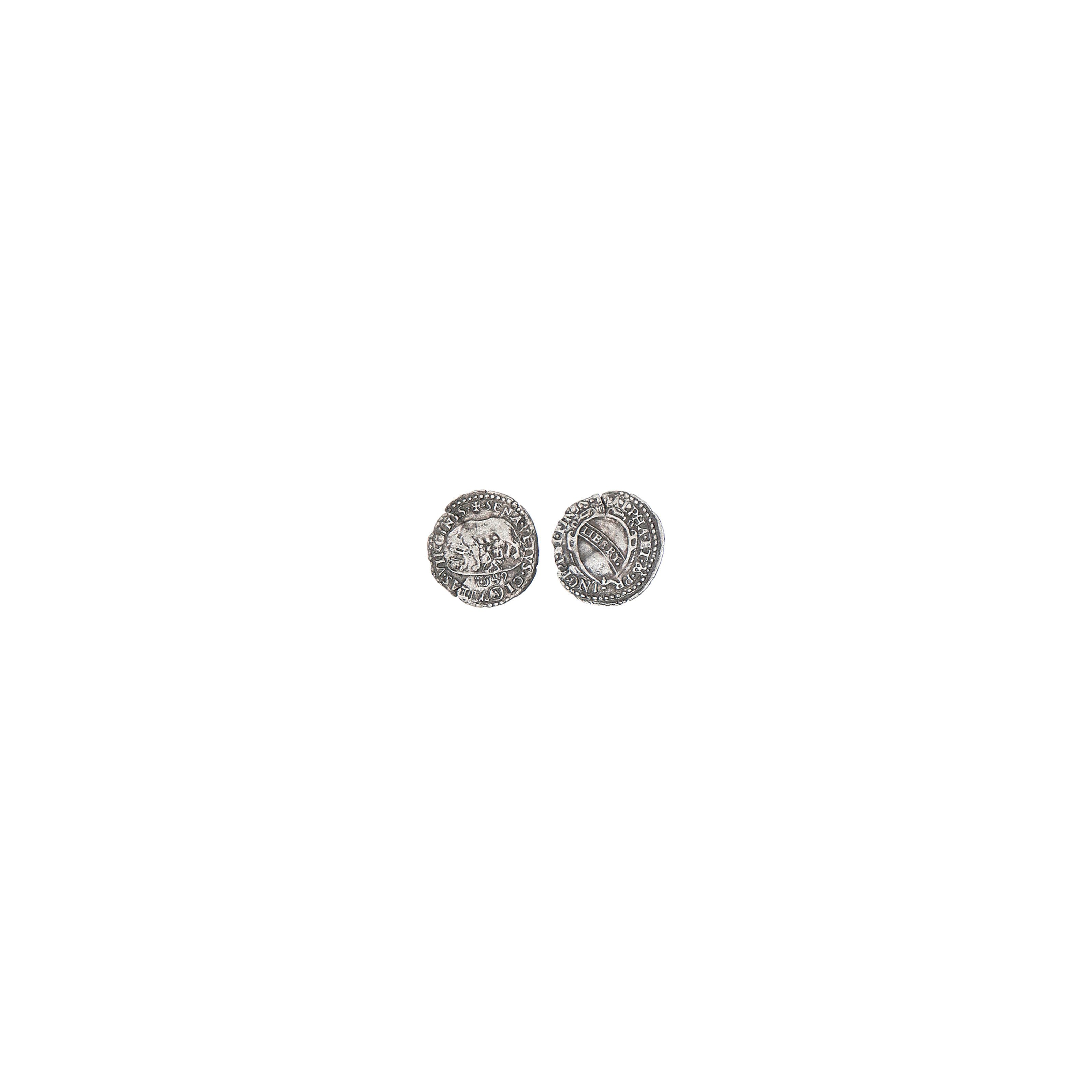 Siena, Repubblica (1404-1555), Bolognino da 6 Quattrini, AR 0.973g, 1549, SENA. VETVS. CI-VITAS. VIRGINIS., la lupa a sinistra, che allatta i gemelli, rov. .ALPHA. ET. ? .PR-INCIPI. ET. FINIS. , scudo ovale ornato di cartocci con banda in cui LIBERT (CNI.298; MIR.563/2), piegata e frattura di tondello, altrimenti BB