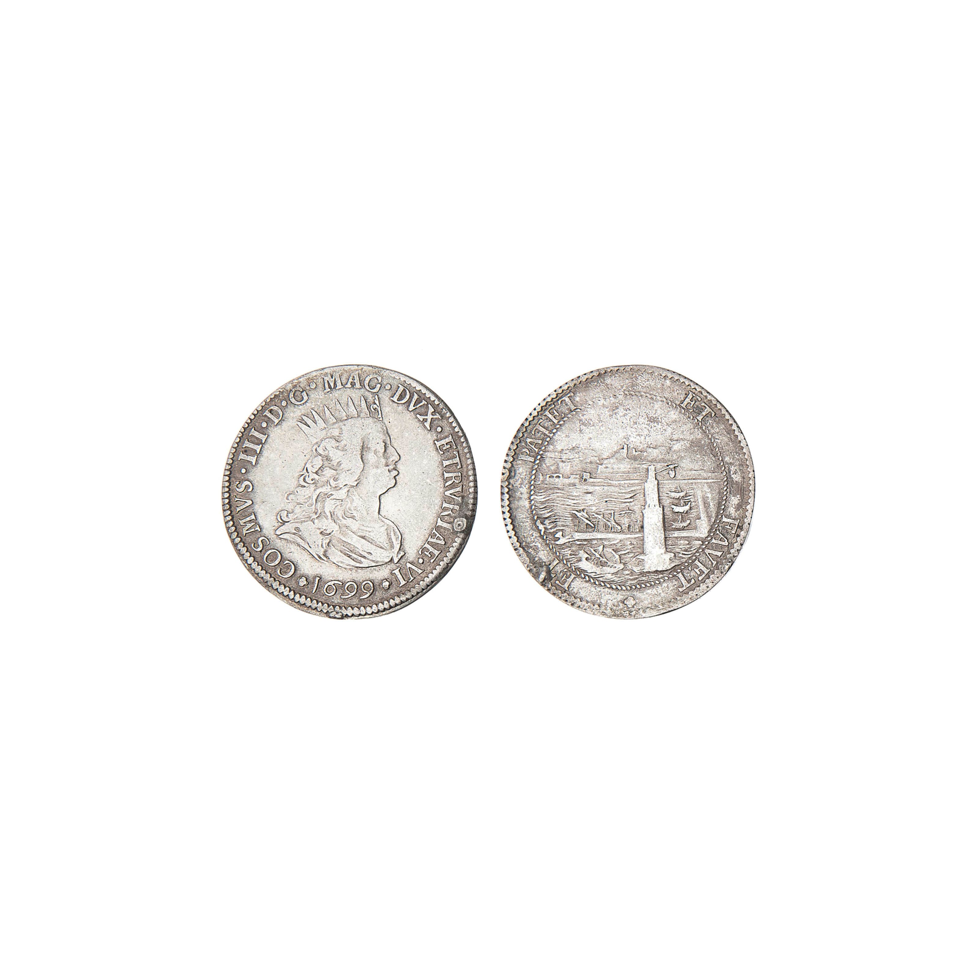 Livorno, Cosimo III de'Medici (1670-1723), Tollero, 1699, AR 26,351g, busto drappeggiato e corazzato a destra, rov. veduta del porto di Livorno (CNI.56; MIR; RM.13; TV.863), tracce di montatura, mMB,