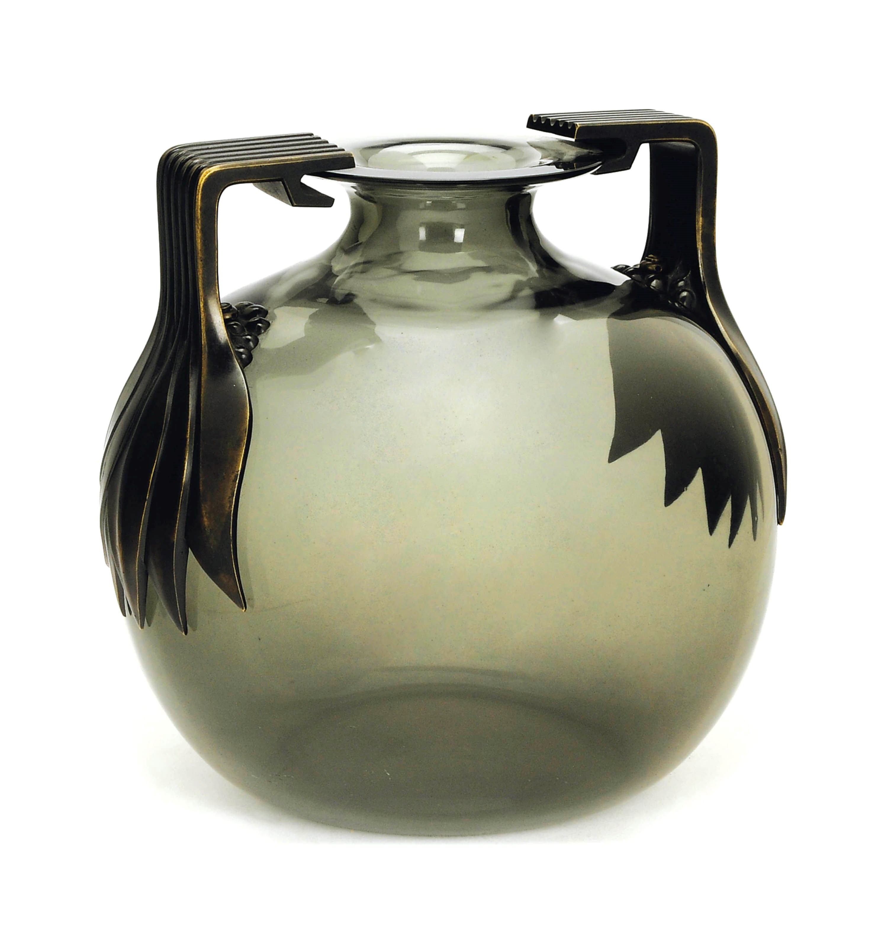 A FRENCH SMOKEY GREY GLASS 'SENLIS' VASE WITH BRONZE HANDLES,