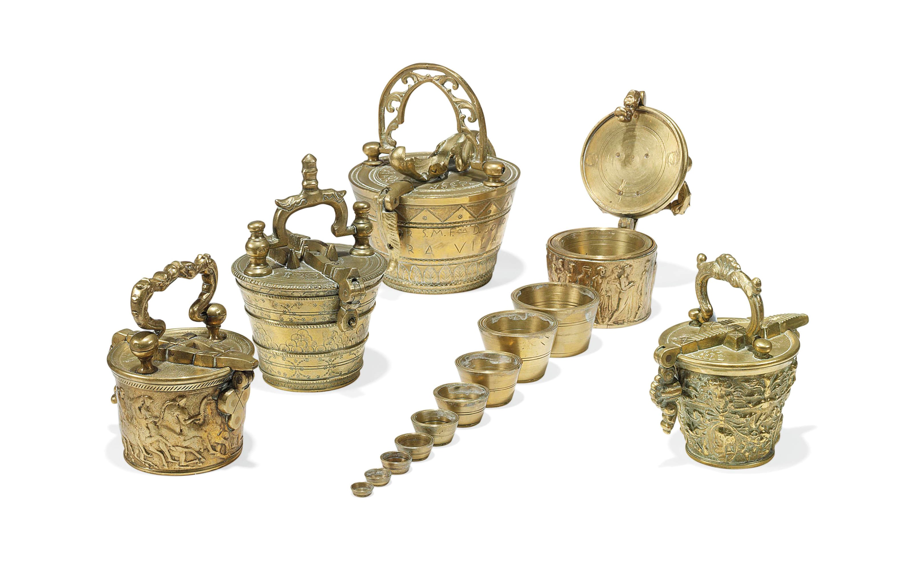 A GROUP OF FIVE PORTUGUESE COLONIAL BRASS NESTS OF WEIGHTS