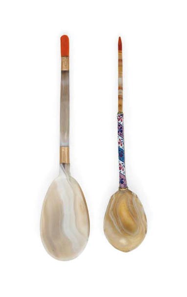TWO SILVER-GILT, ENAMEL OR CORAL-MOUNTED HARDSTONE SPOONS