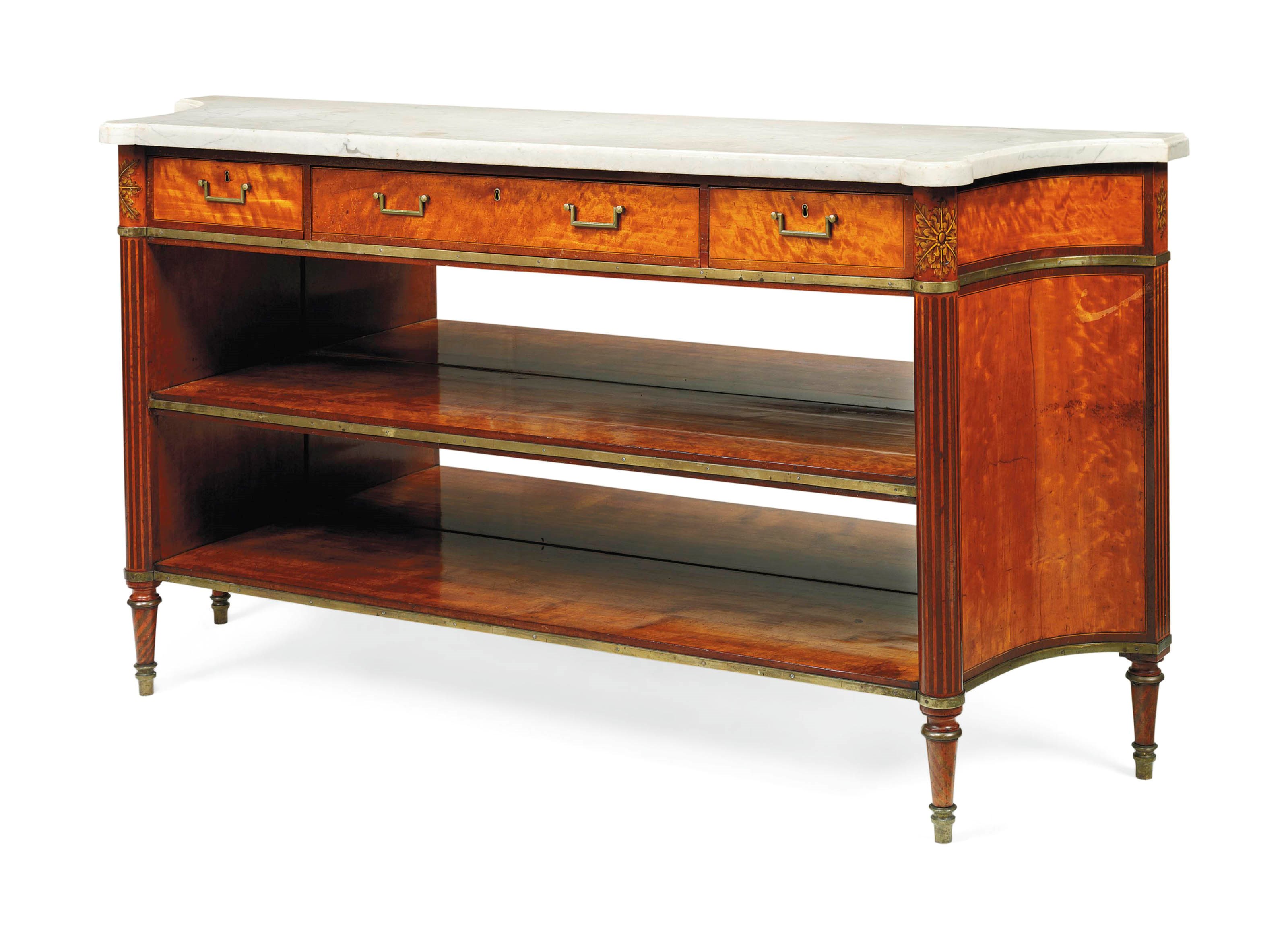 A GEORGE III BRASS-MOUNTED SATINWOOD, AMARANTH AND PAINTED SIDEBOARD