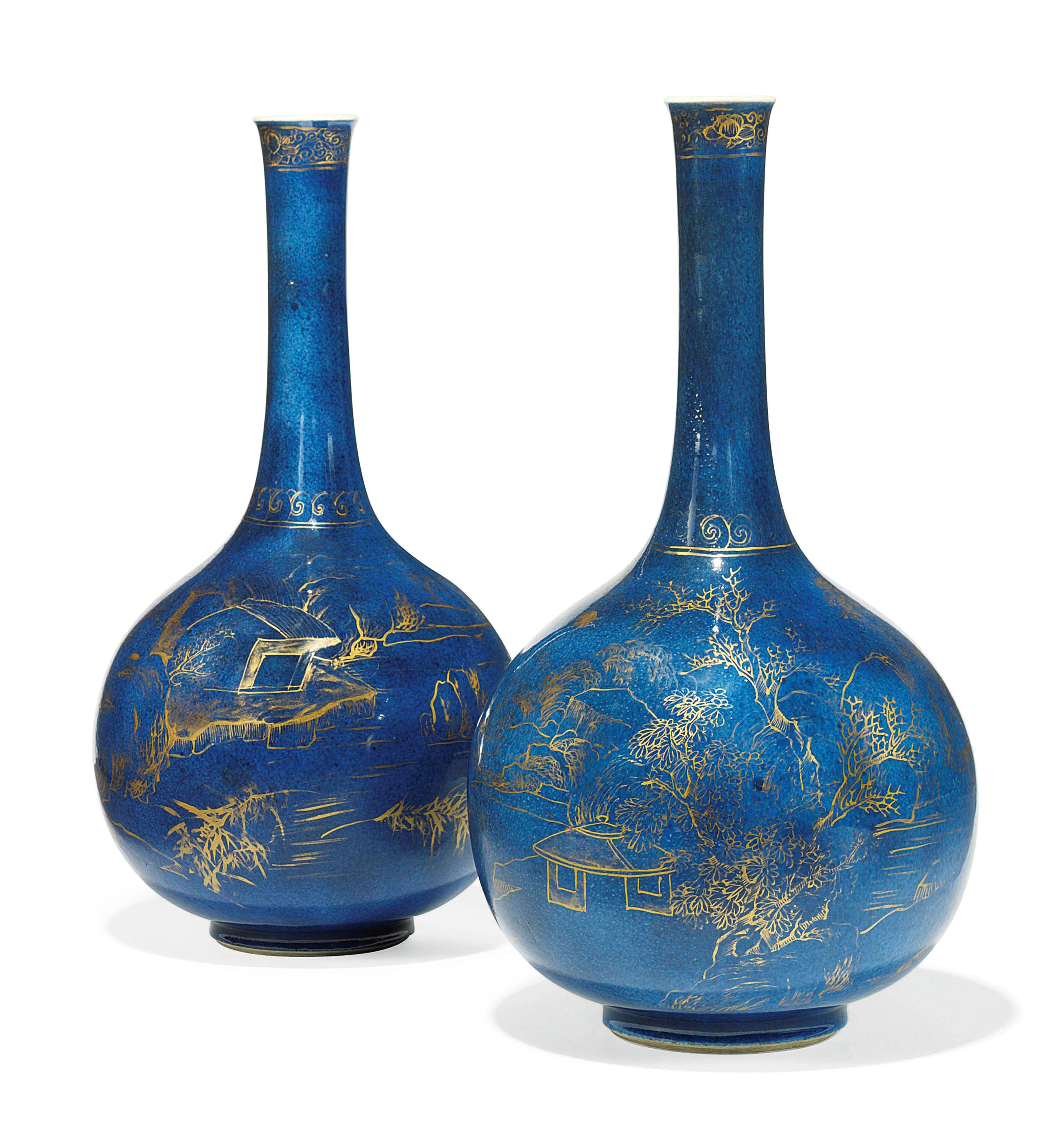 A MATCHED PAIR OF CHINESE POWDER-BLUE-GROUND GILT-DECORATED BOTTLES