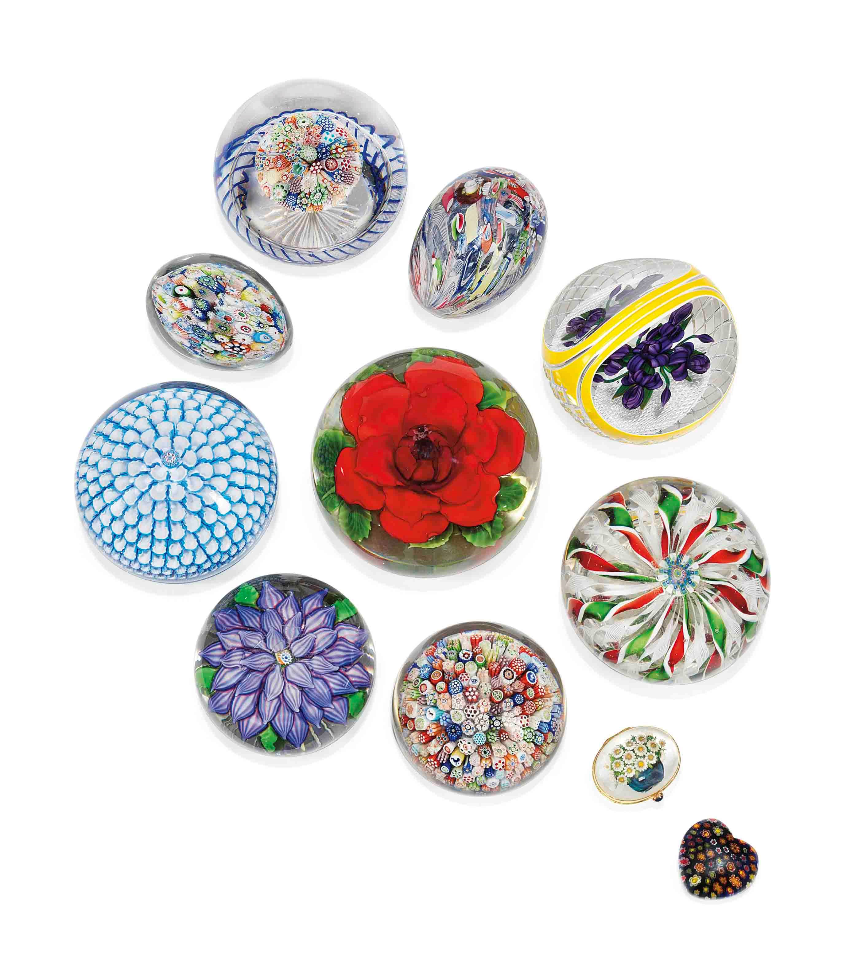 A GROUP OF NINE VARIOUS PAPERWEIGHTS, AN OVAL BOX AND COVER AND A HEART-SHAPED MINIATURE PAPERWEIGHT