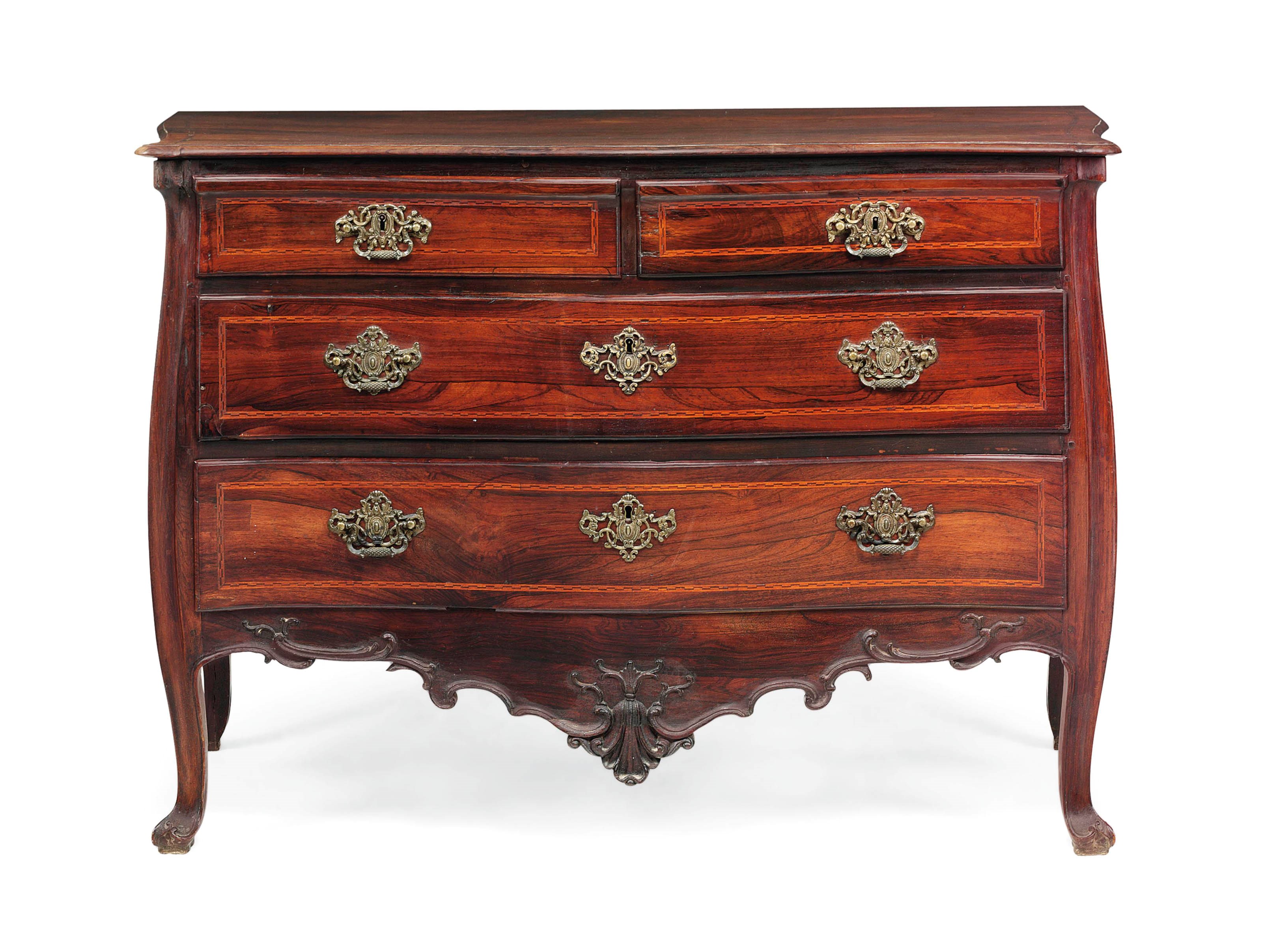 A PORTUGUESE BRASS-MOUNTED AND CHEQUER-BANDED ROSEWOOD SERPENTINE COMMODE