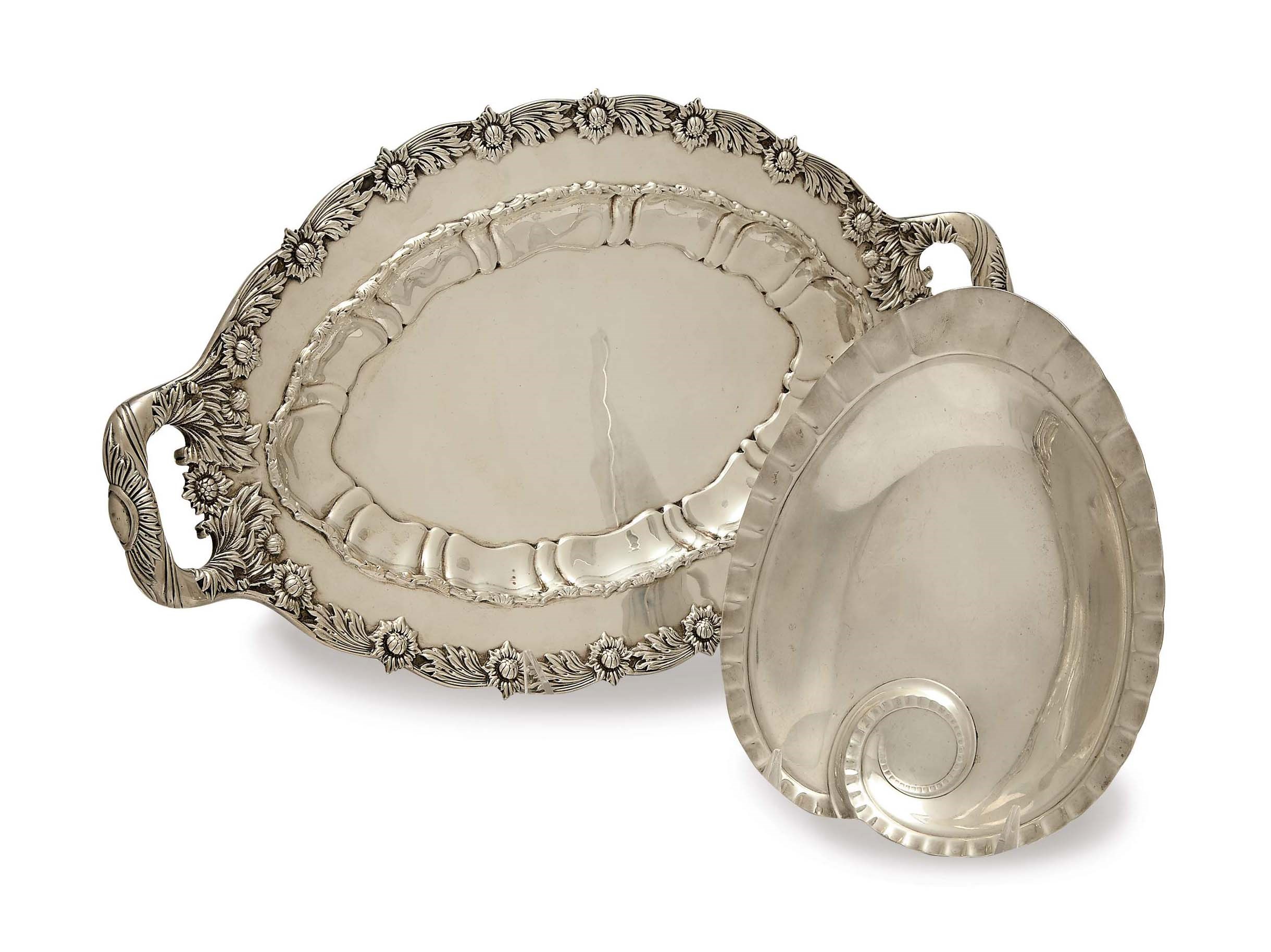 AN AMERICAN SILVER TWO-HANDLED TRAY, AND A SHELL-FORM DISH,