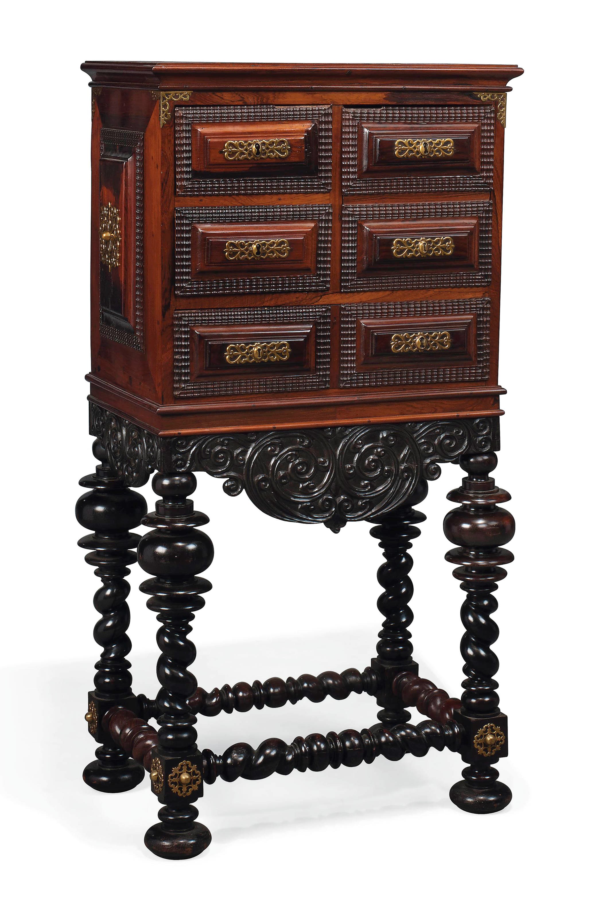 A PORTUGUESE BRASS MOUNTED ROSEWOOD CABINET-ON-STAND