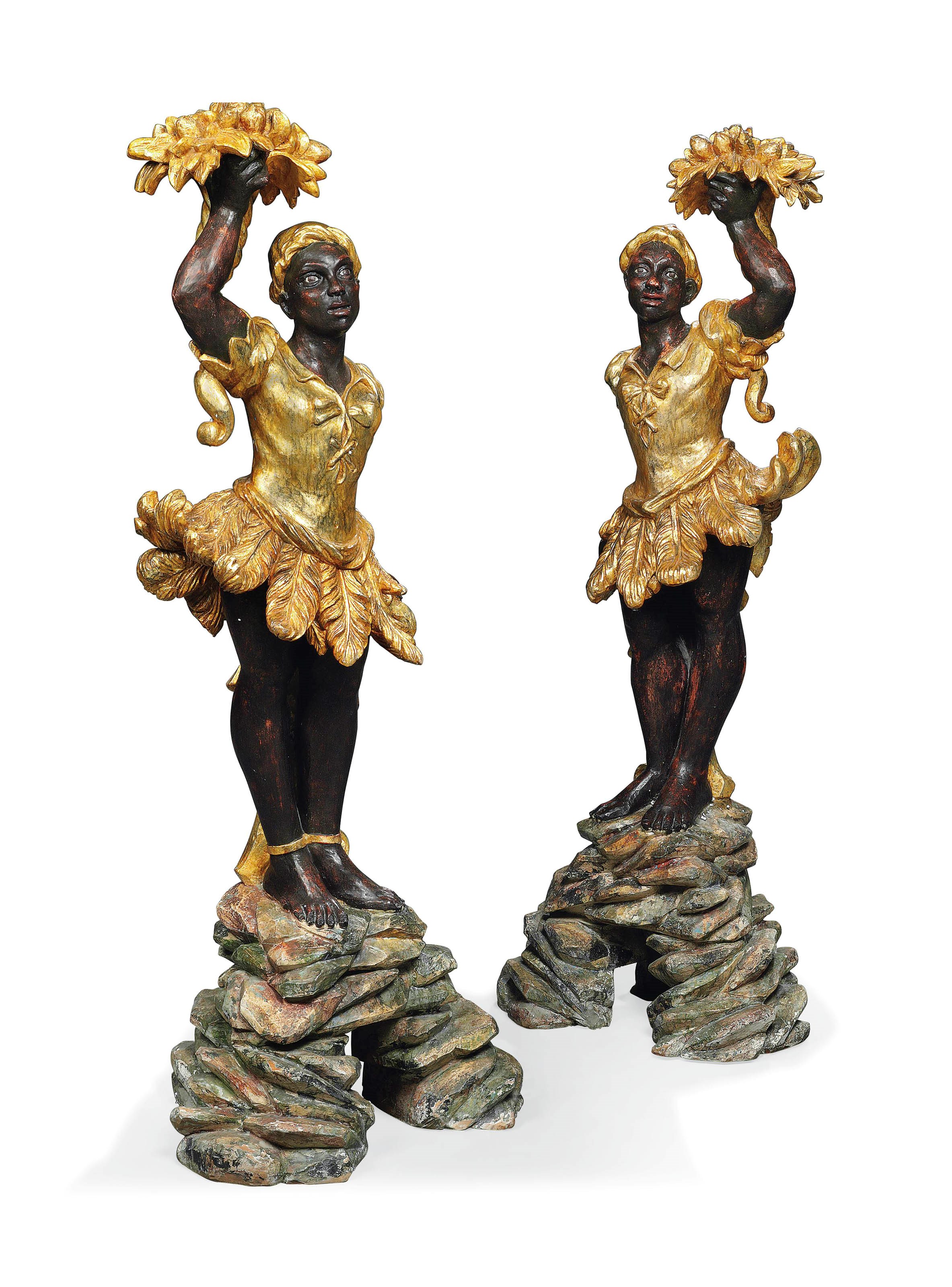 A PAIR OF ITALIAN GILTWOOD AND POLYCHROME DECORATED BLACKAMORE FIGURES