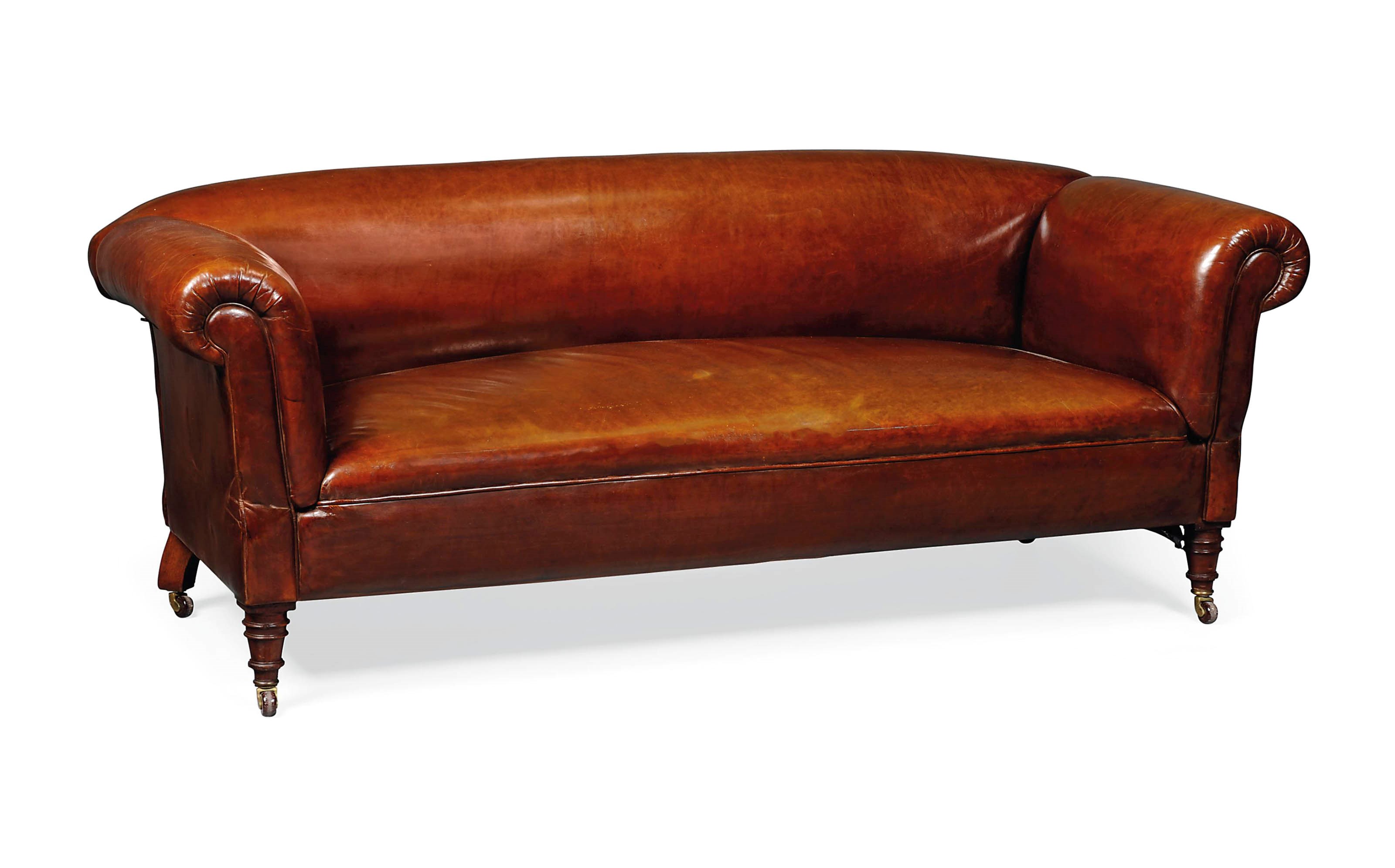 A VICTORIAN LEATHER UPHOLSTERED DOUBLE-DROP END MAHOGANY CHESTERFIELD SOFA