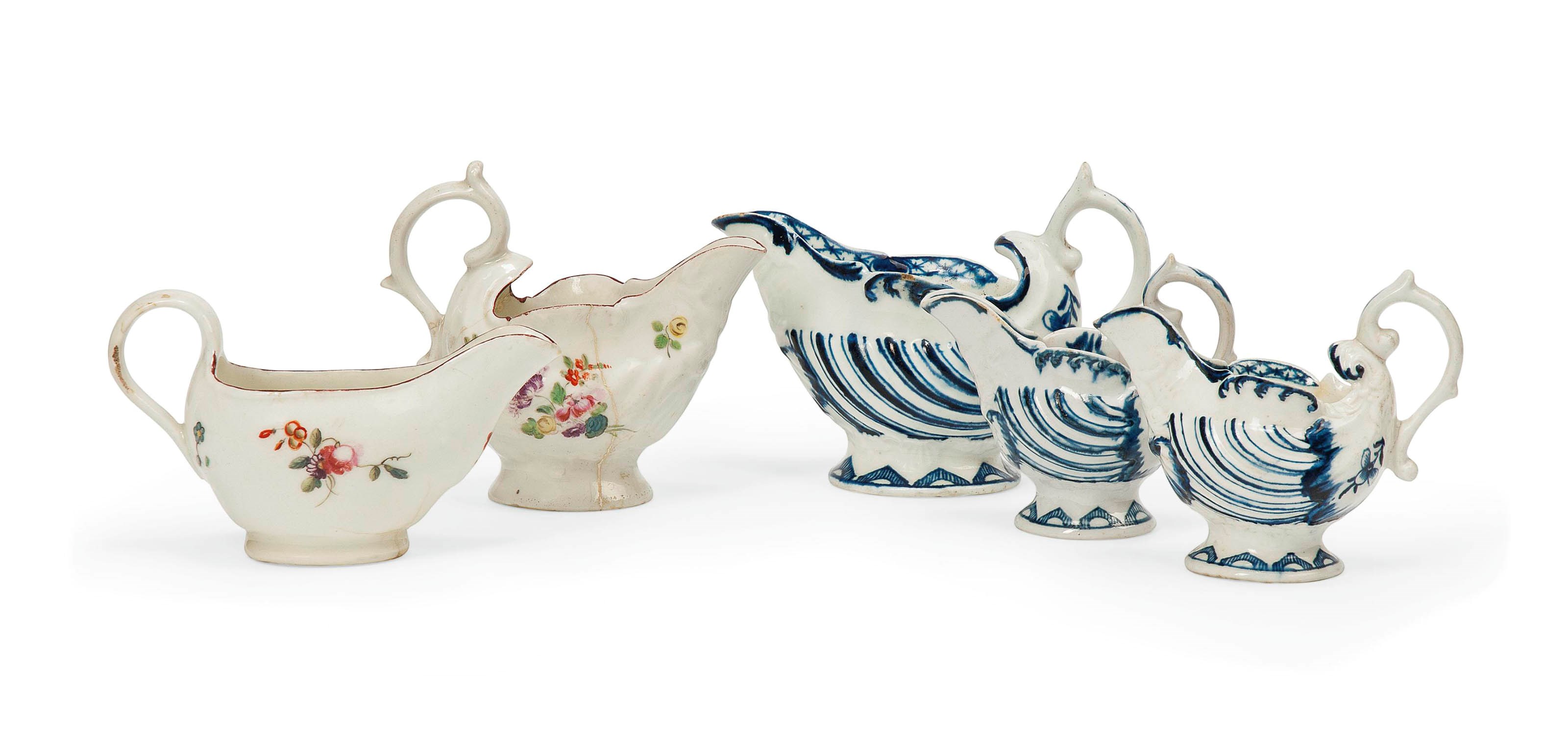 FIVE DERBY SAUCEBOATS AND CREAM-JUGS