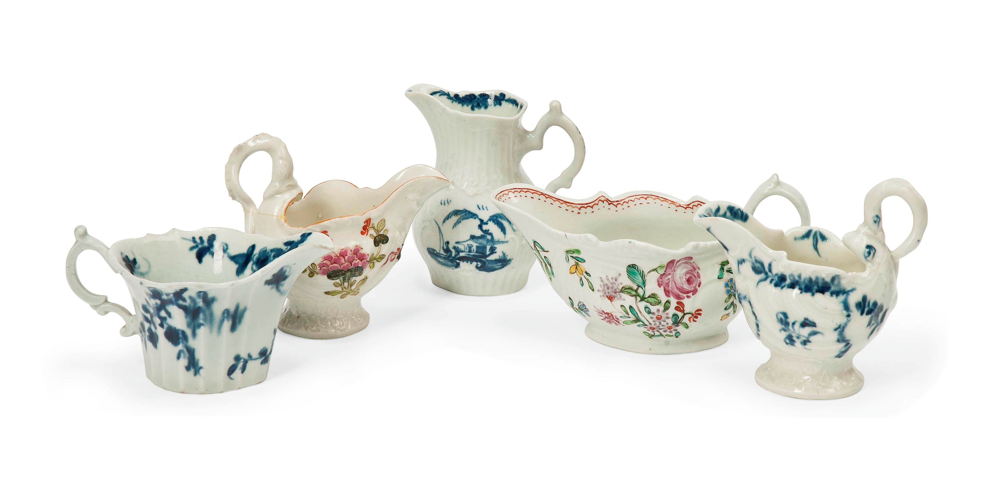 FIVE VARIOUS WORCESTER BUTTER-BOATS AND CREAM-JUGS