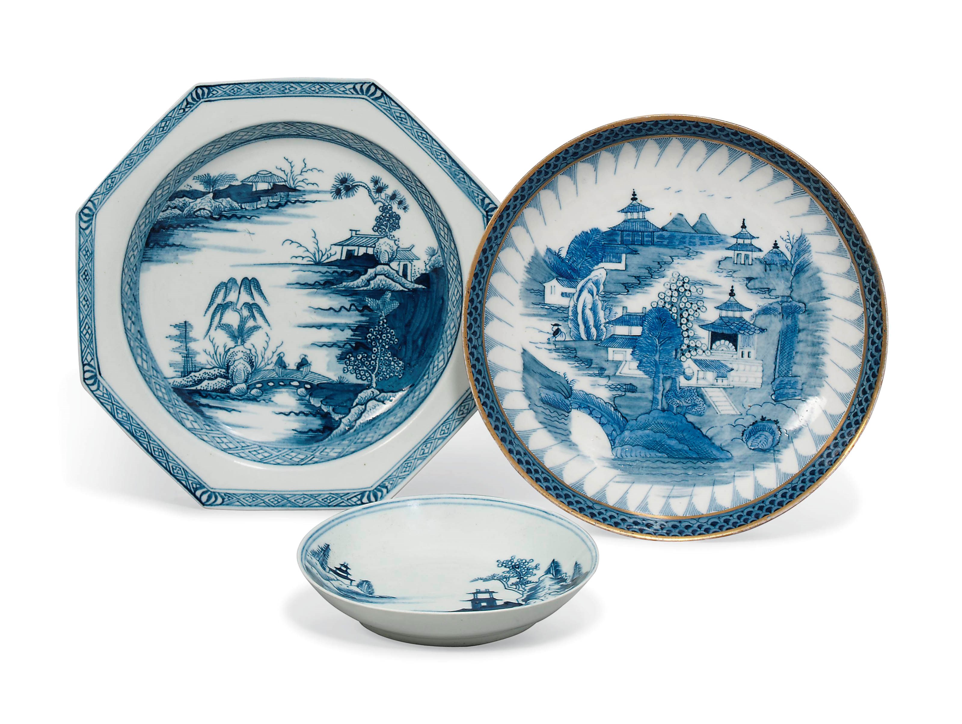 A RICHARD CHAFFERS & CO. BLUE AND WHITE OCTAGONAL PLATE, A SAUCER AND A DERBY SAUCER DISH