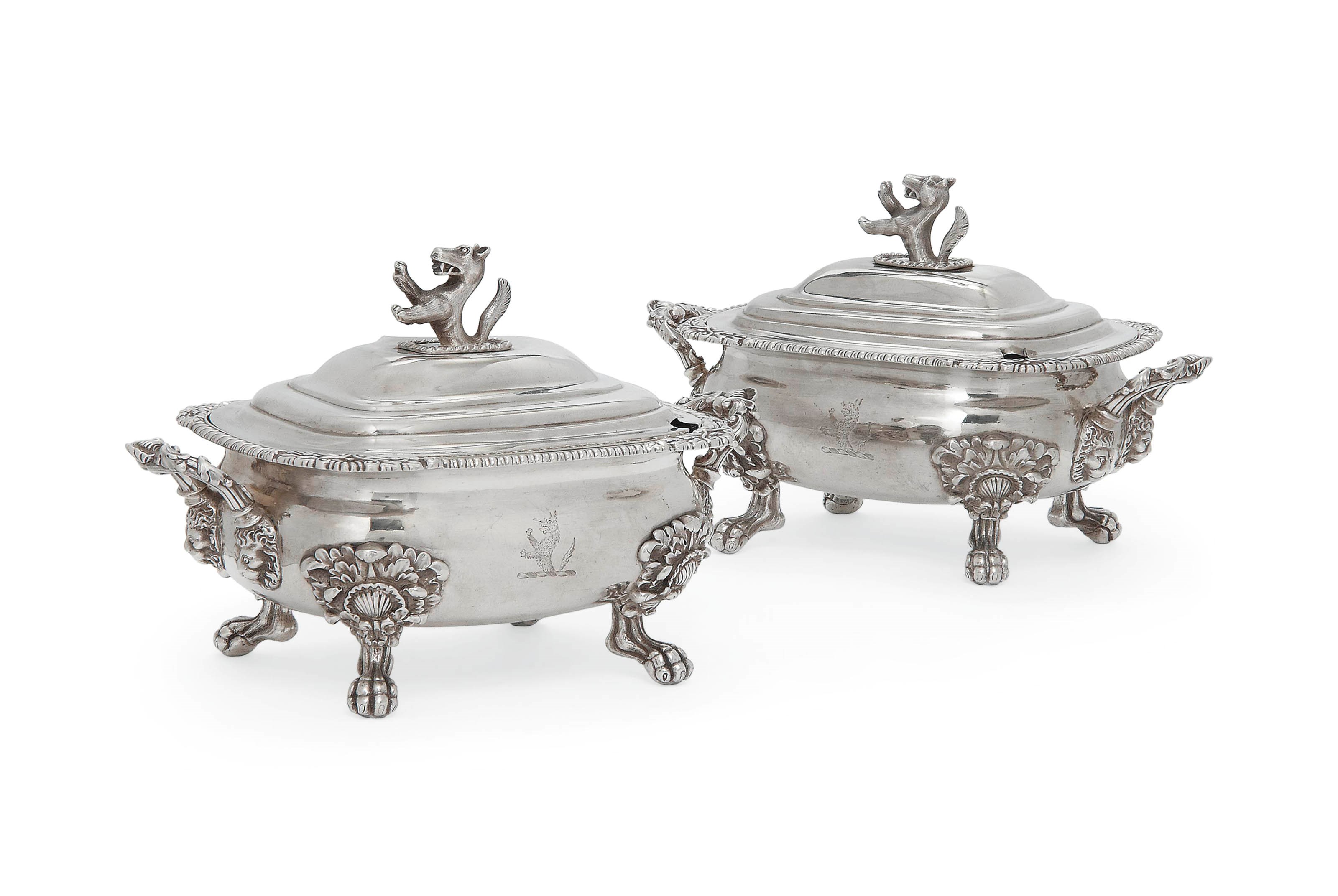 A PAIR OF GEORGE IV SILVER SAUCE TUREENS