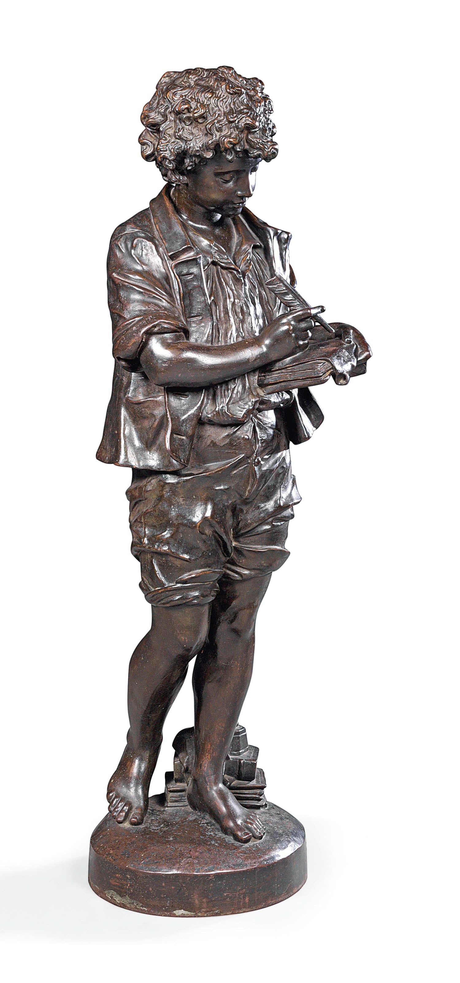 A FRENCH LIFESIZE BRONZED CAST-IRON FIGURE OF A BOY ENTITLED 'L'ECRITURE'