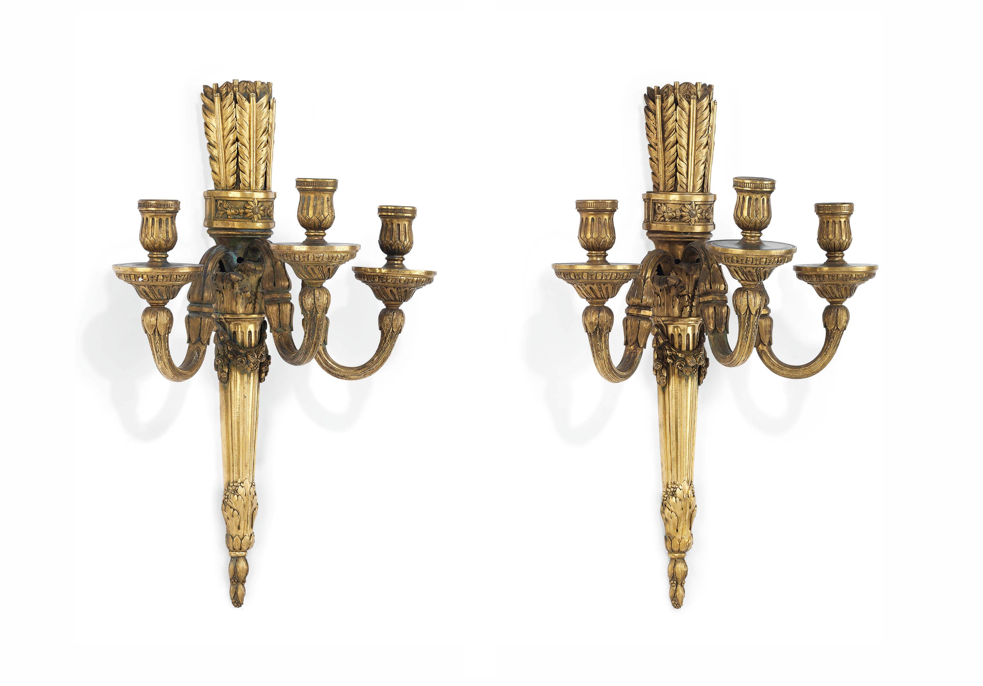 A PAIR OF FRENCH ORMOLU THREE-LIGHT WALL APPLIQUES