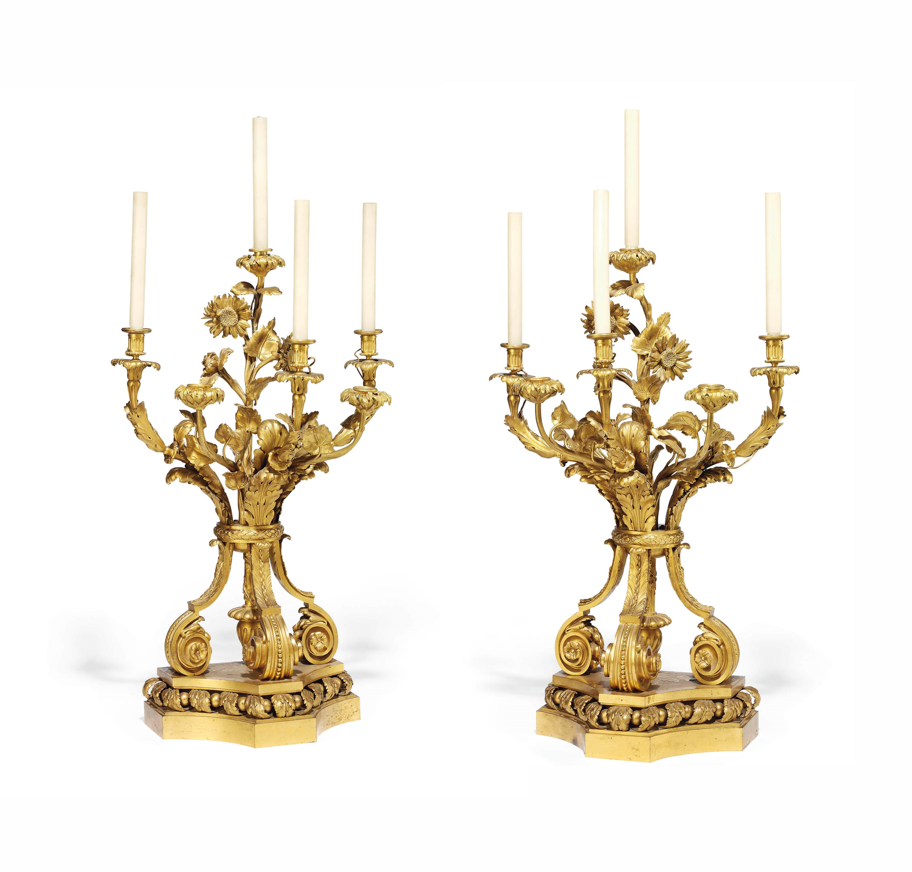 A PAIR OF FRENCH ORMOLU SIX-LIGHT CANDELABRA