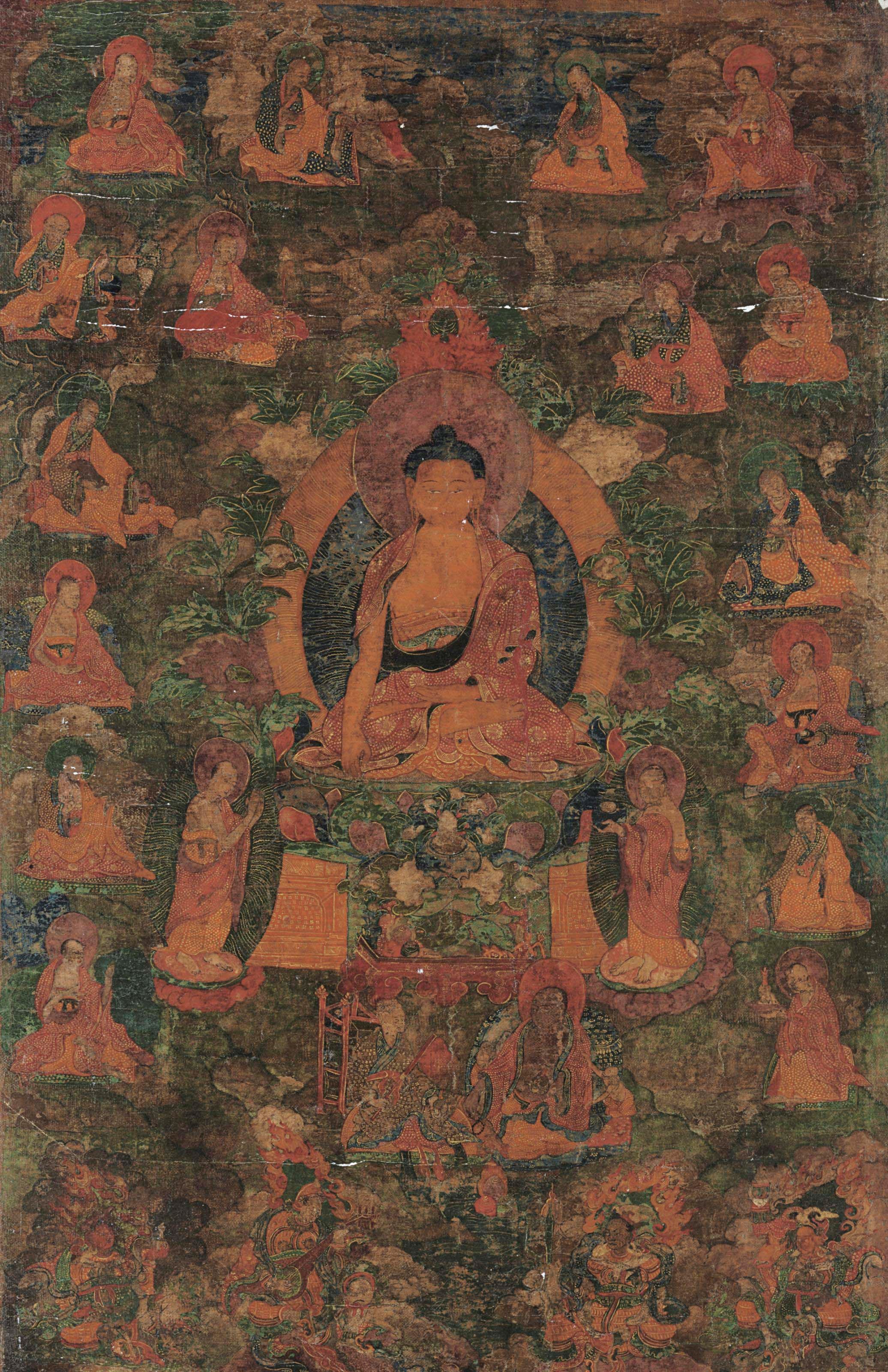 A thangka of Shakyamuni Buddha with the Sixteen Great Arhats