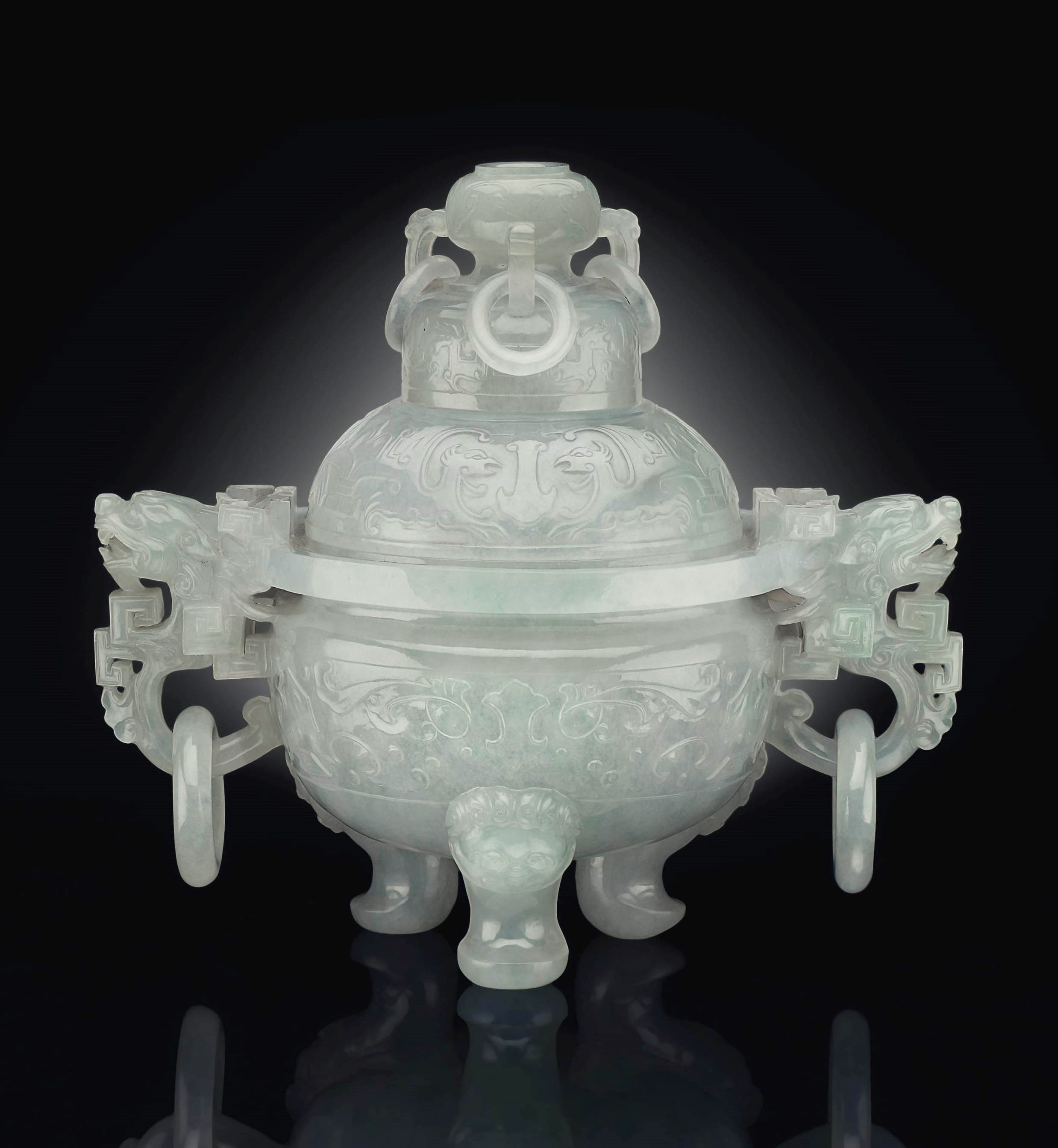A PALE BLUISH-GREEN JADEITE TRIPOD CENSER AND COVER