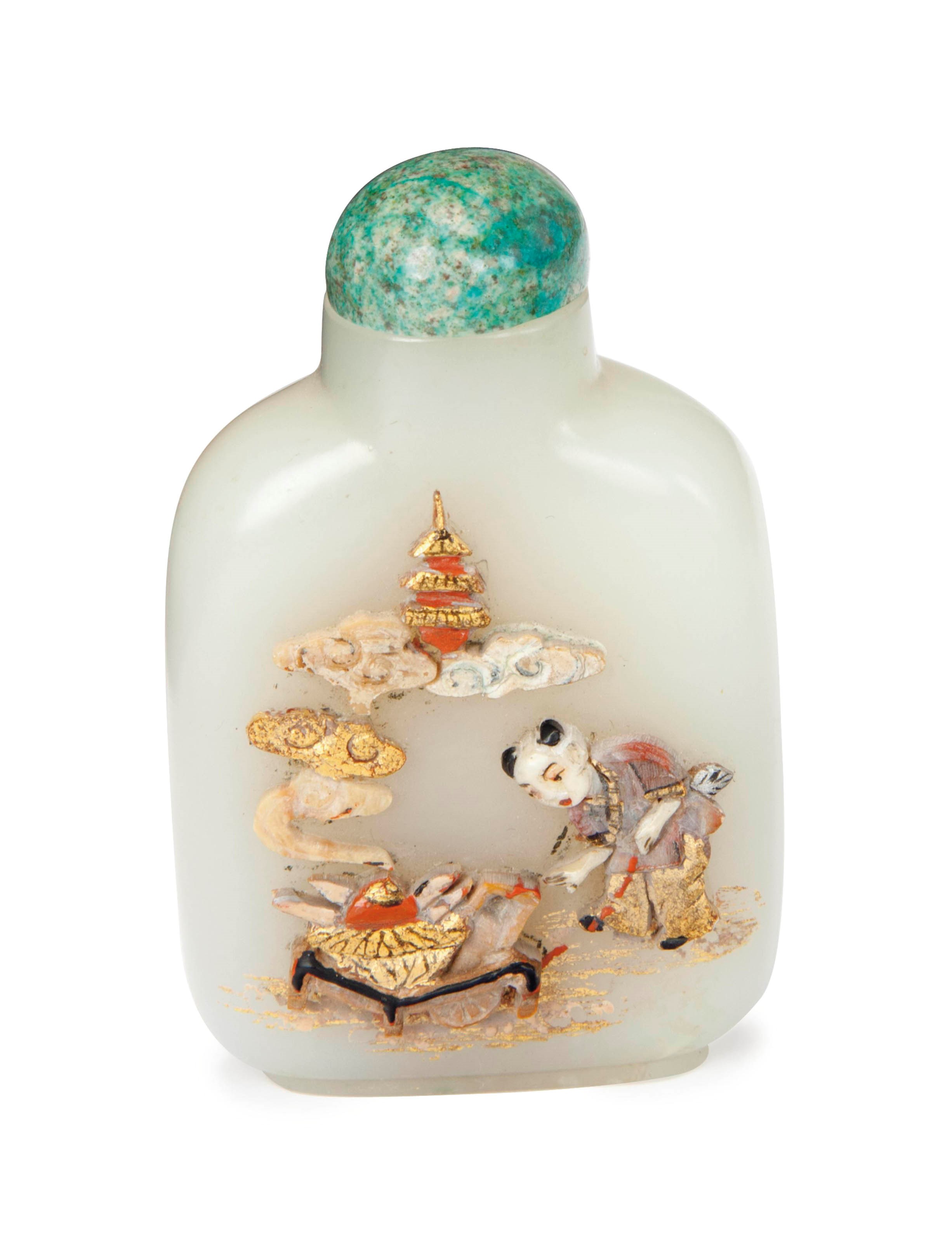 A CHINESE WHITE JADE SNUFF BOTTLE WITH LATER JAPANESE EMBELLISHMENT,