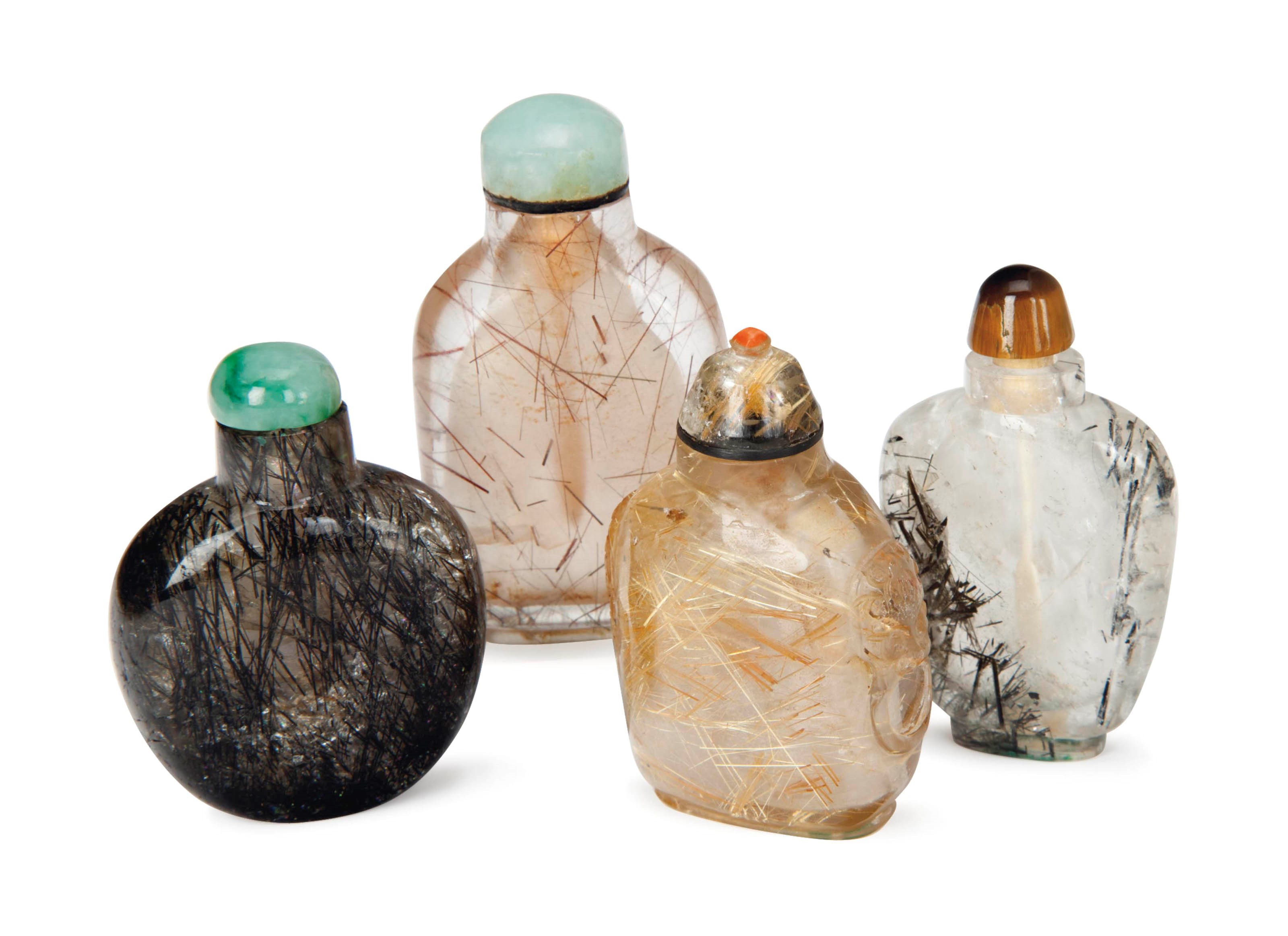 FOUR CHINESE 'HAIR' CRYSTAL SNUFF BOTTLES,