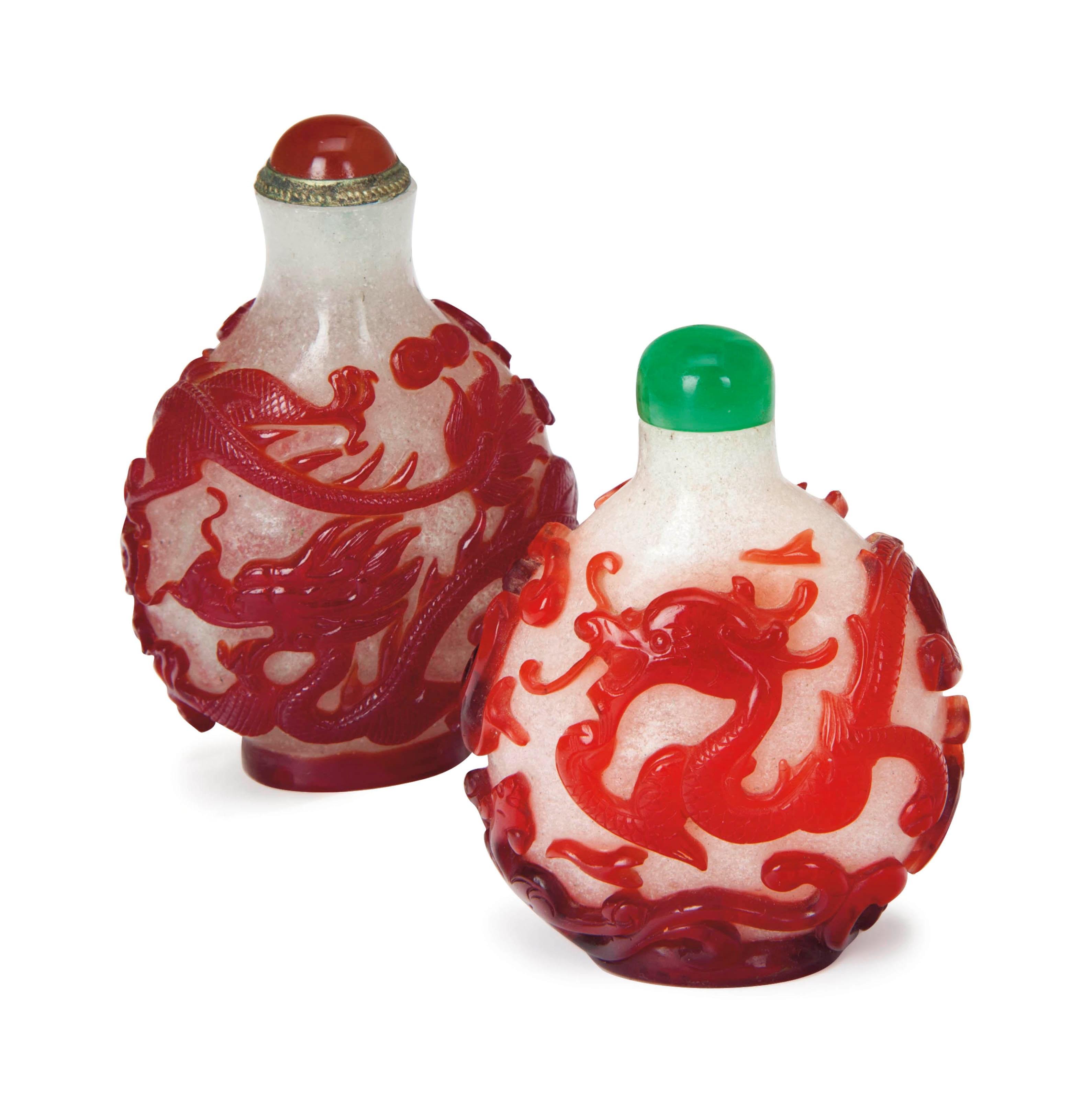 TWO CHINESE RED OVERLAY 'SNOWFLAKE' GLASS BOTTLES,
