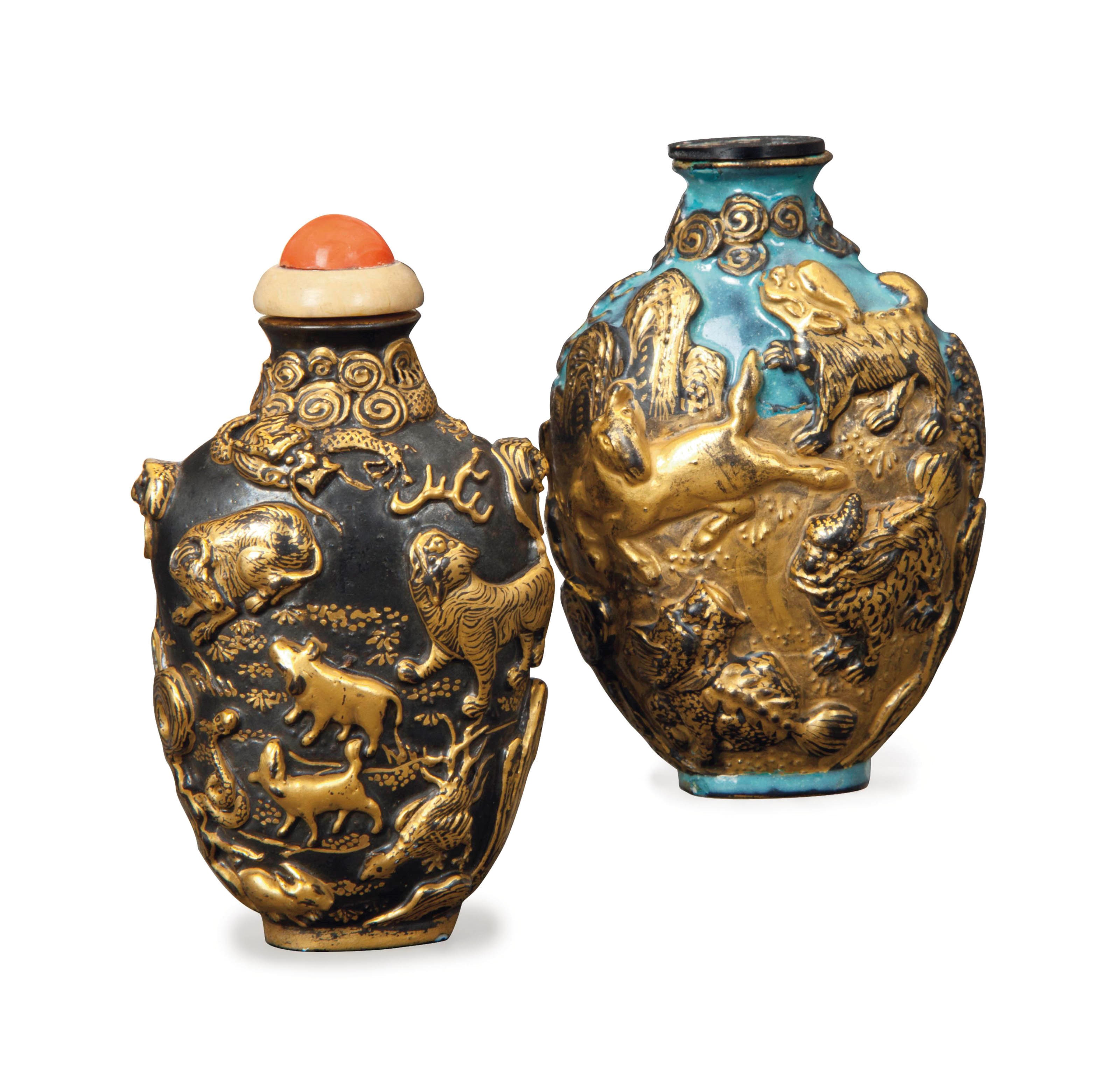 TWO CHINESE GILT DECORATED MOLDED PORCELAIN SNUFF BOTTLES,