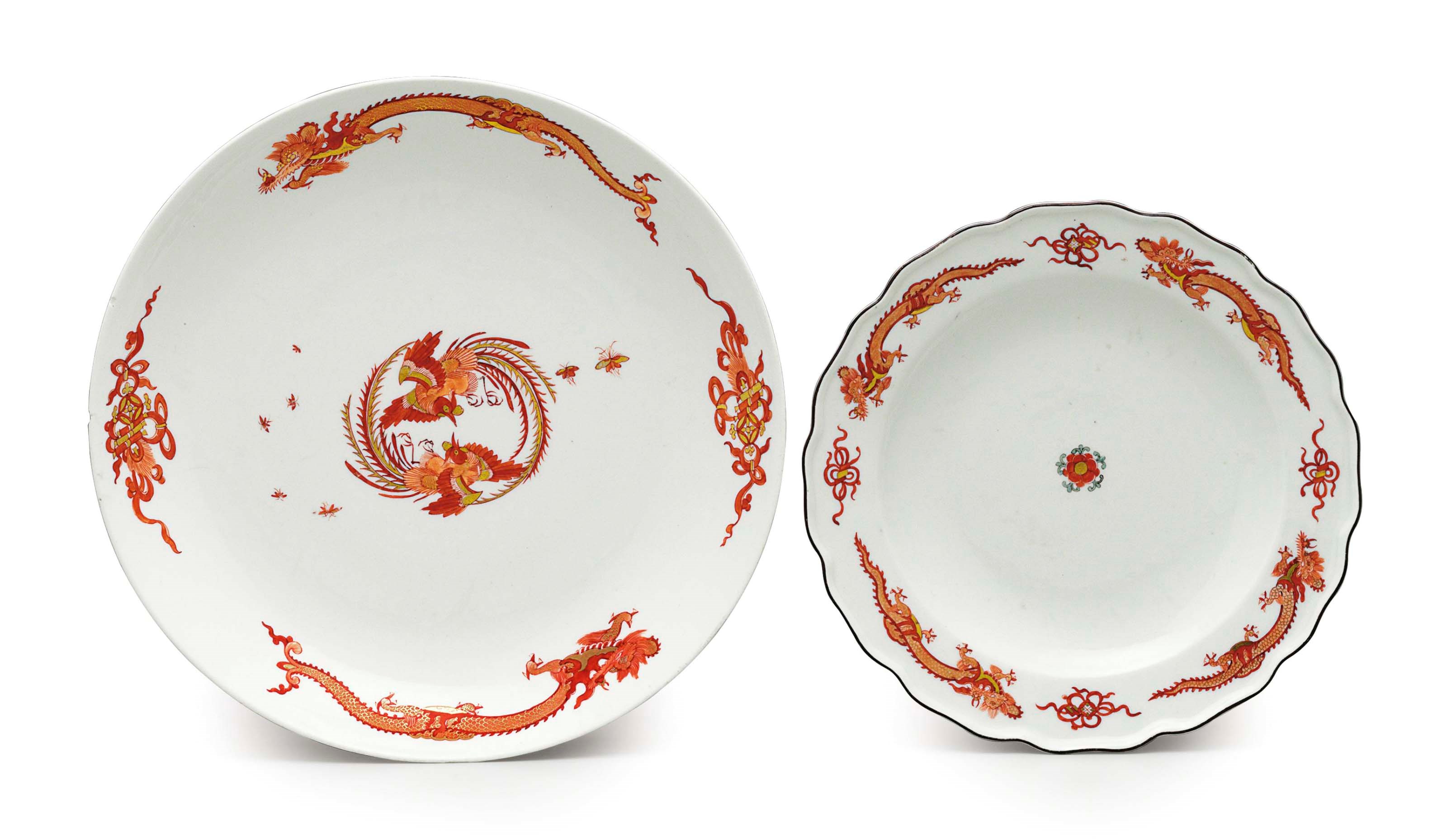 A MEISSEN PORCELAIN 'RED-DRAGON' PLATE AND DISH