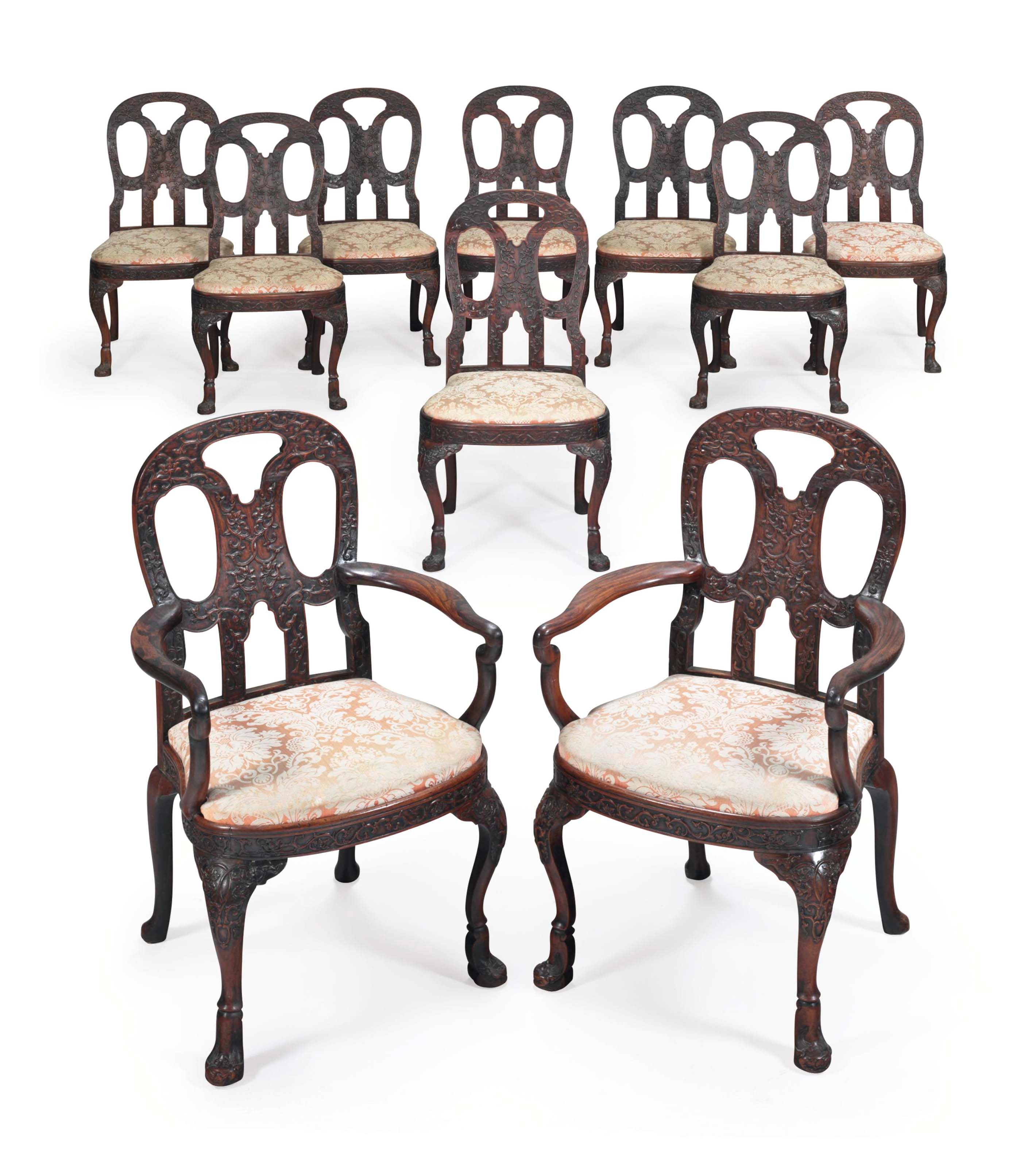 A MATCHED SET OF TEN CHINESE EXPORT PADOUK DINING CHAIRS