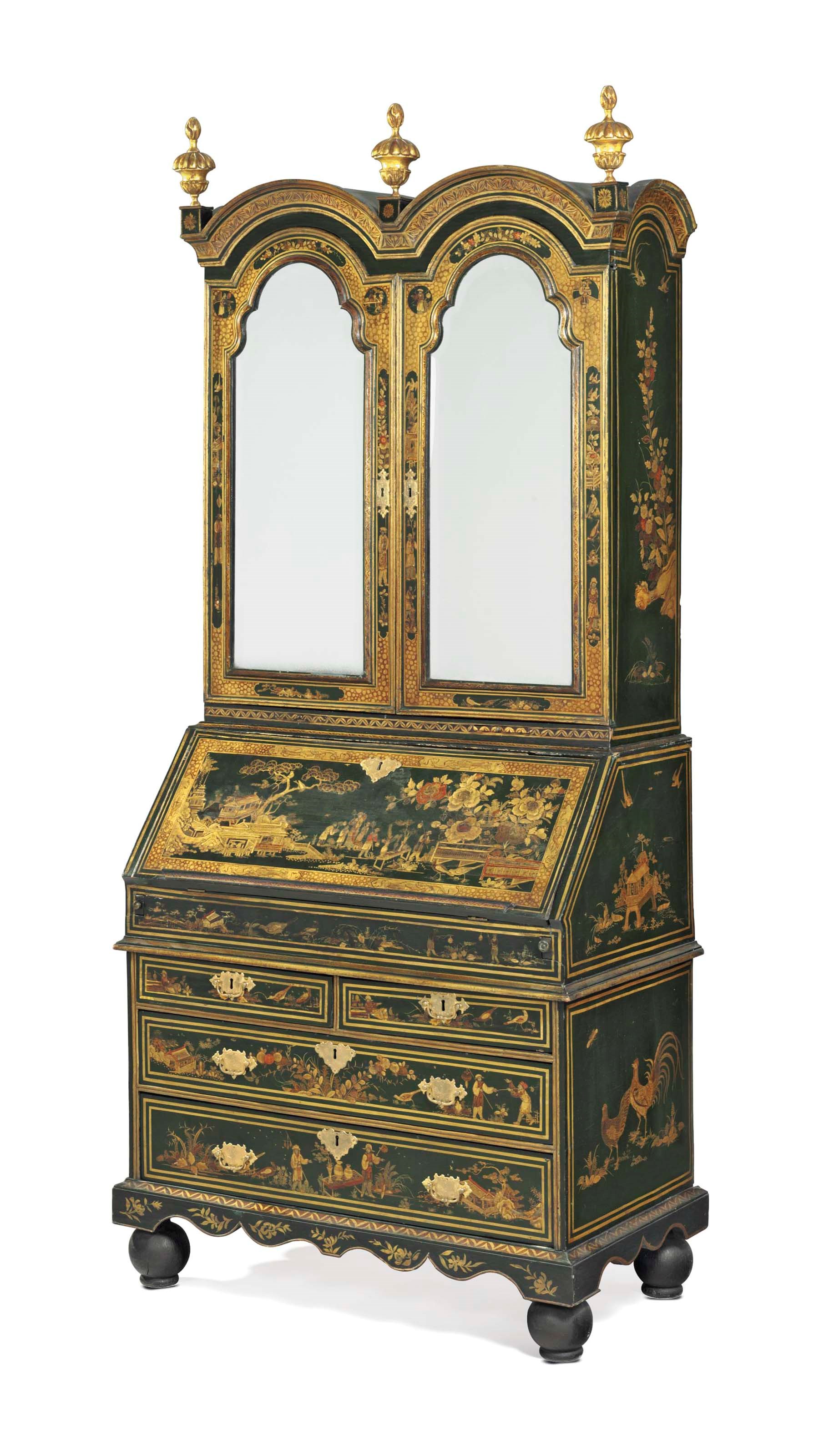 A GEORGE I GREEN, GILT AND POLYCHROME JAPANNED BUREAU-CABINET